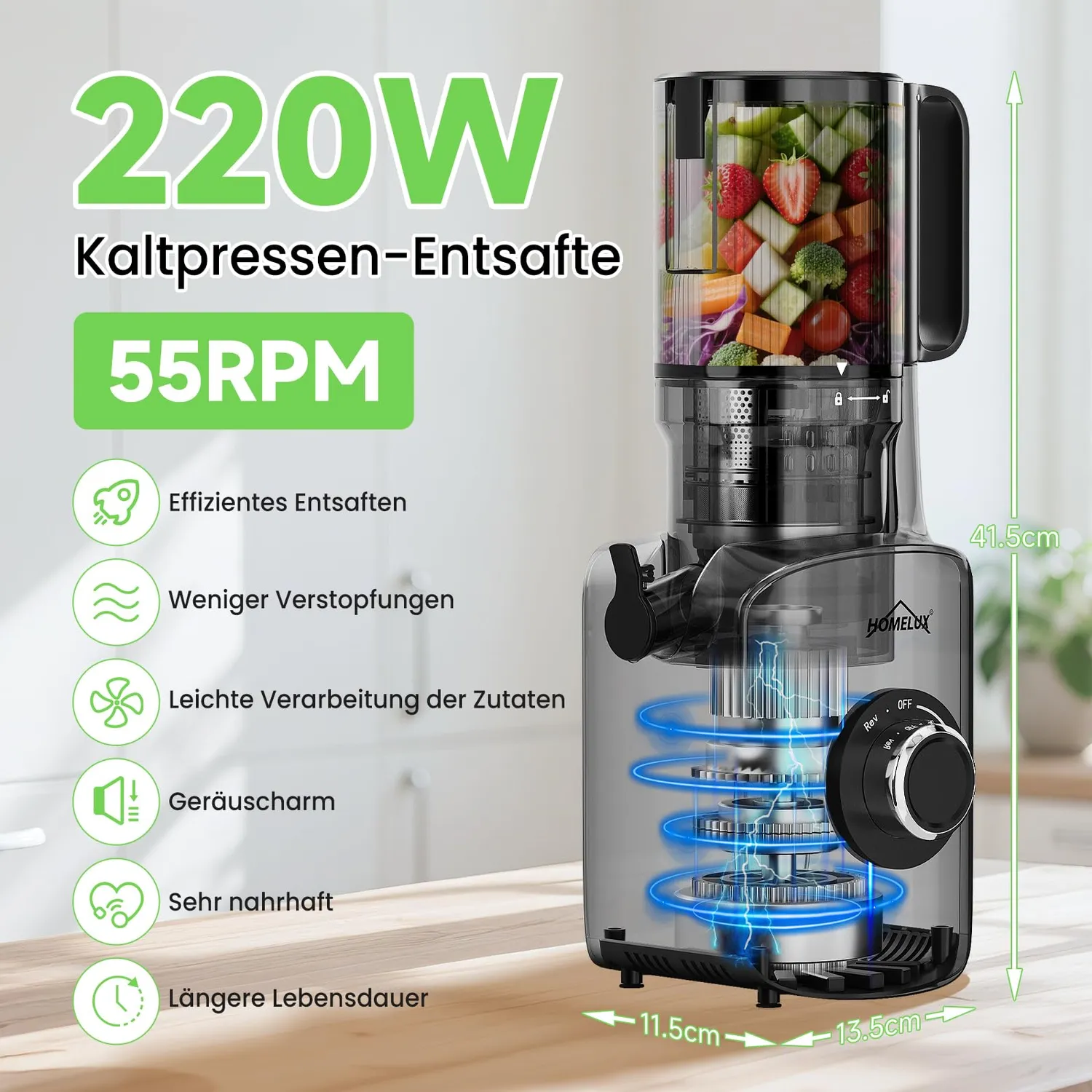 HOMELUX Slow Juicer 220W Entsafter Silber 126 mm kaltpressend