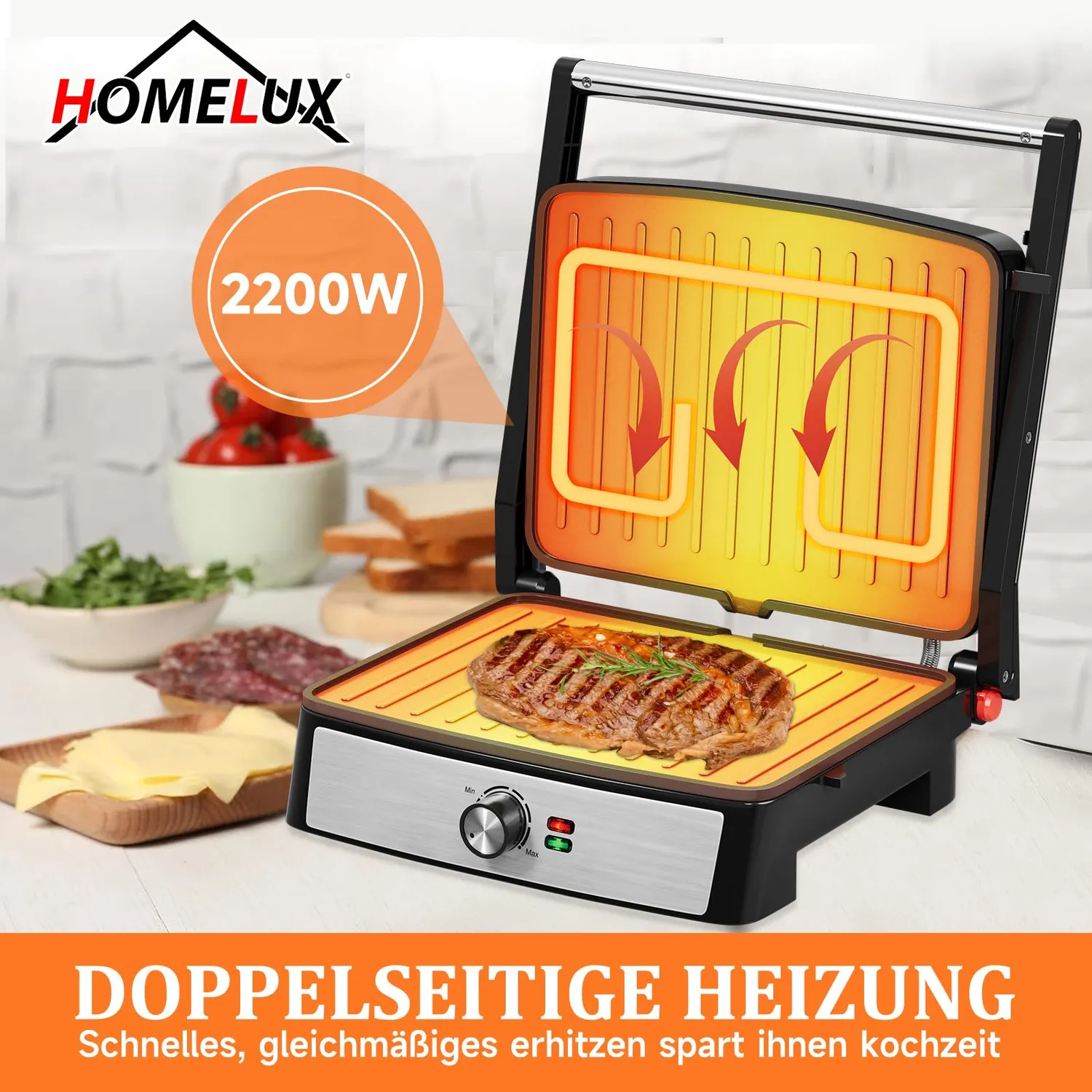 HOMELUX Kontaktgrill 2200W Tischgrill 180° Antihaft