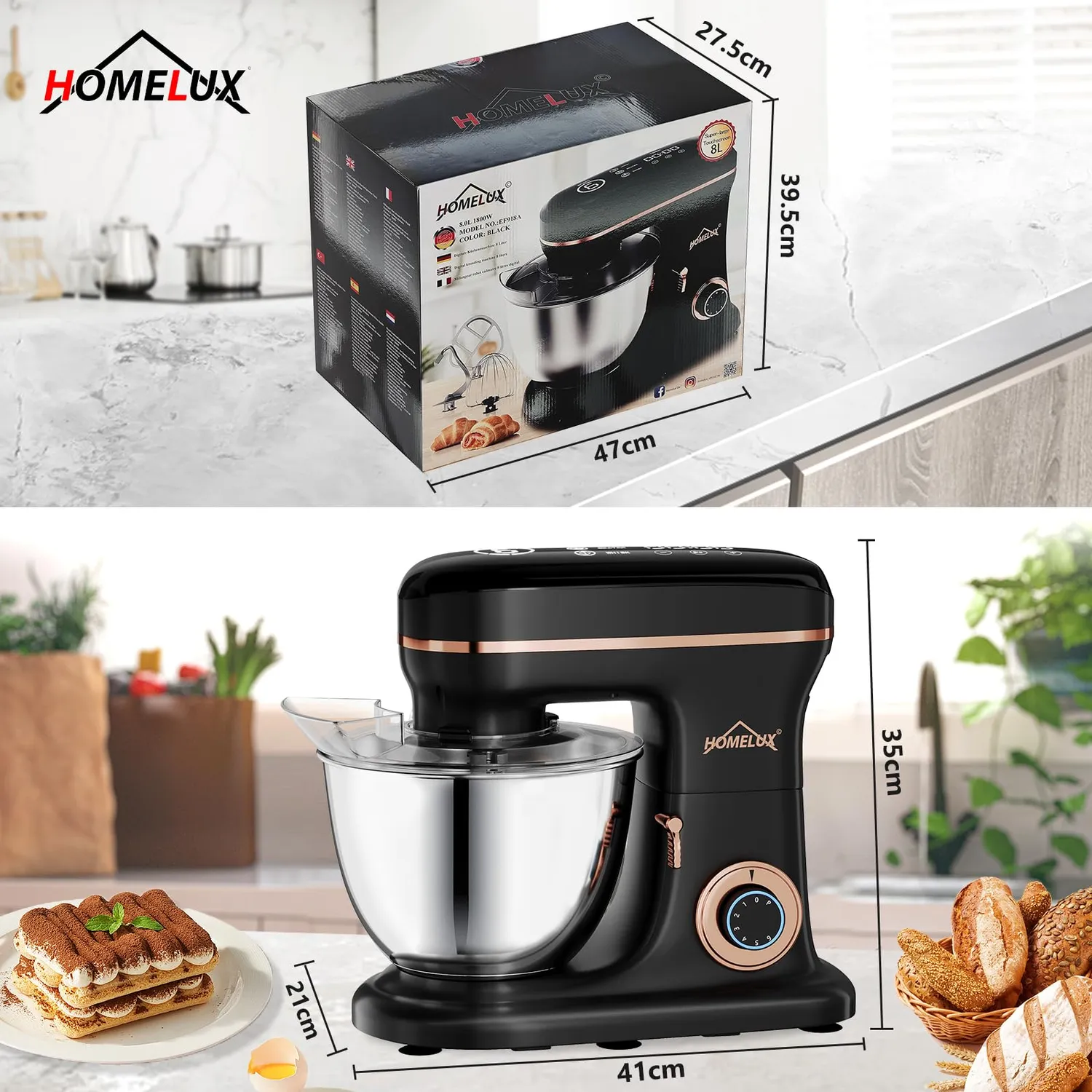 HOMELUX Küchenmaschine 1800 W 8 Liter 6-stufig