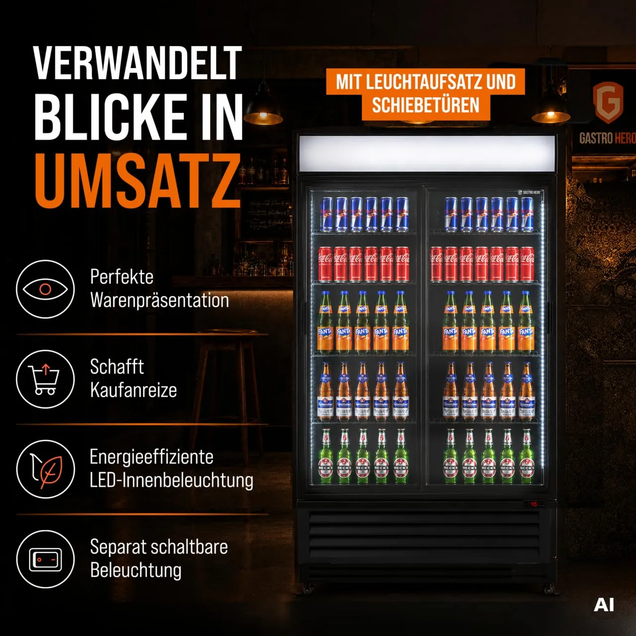 GastroHero SC-630FS Getränkekühlschrank 630 L Schiebetüren