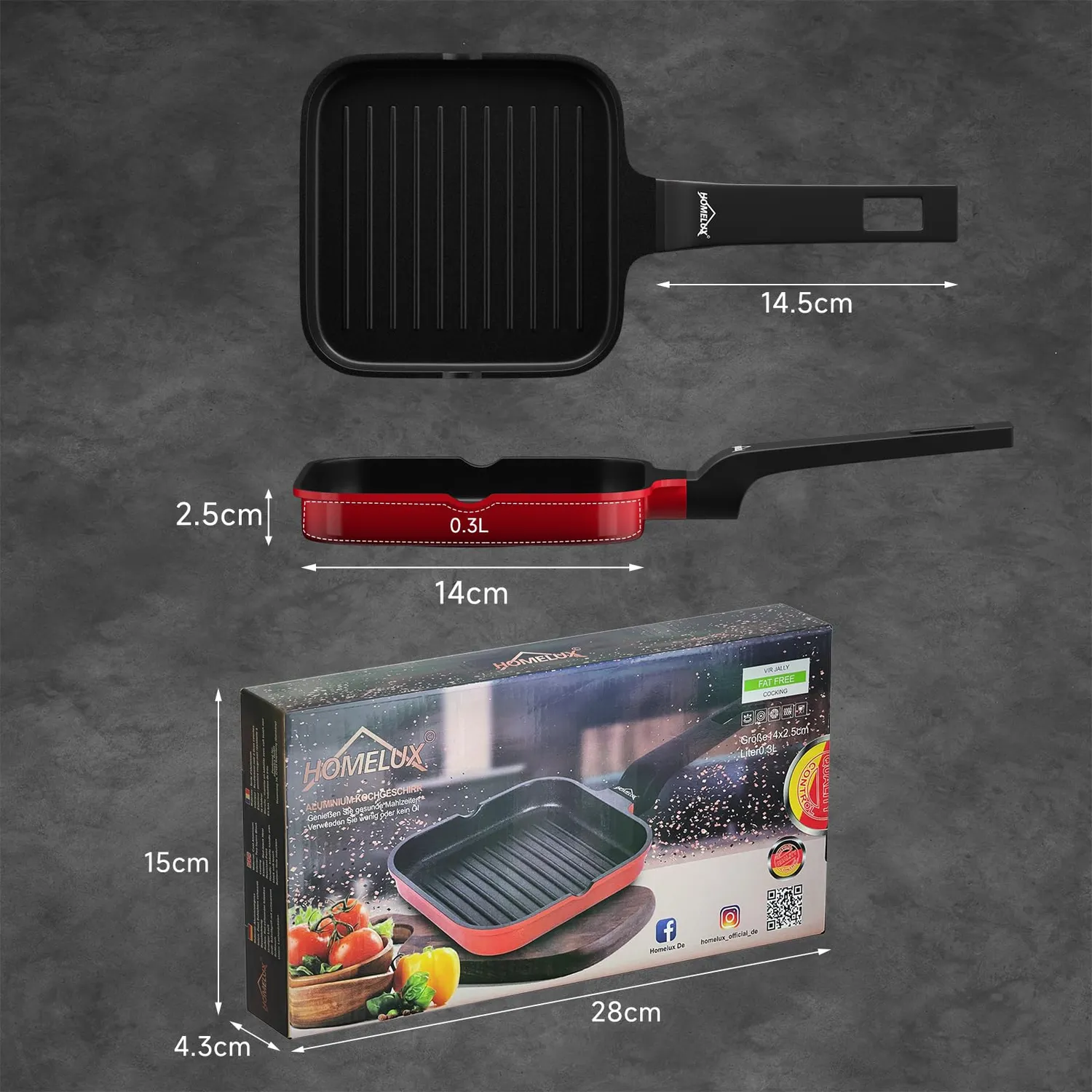 HOMELUX Grillpfanne 14cm Induktion Antihaft mit Ausguss
