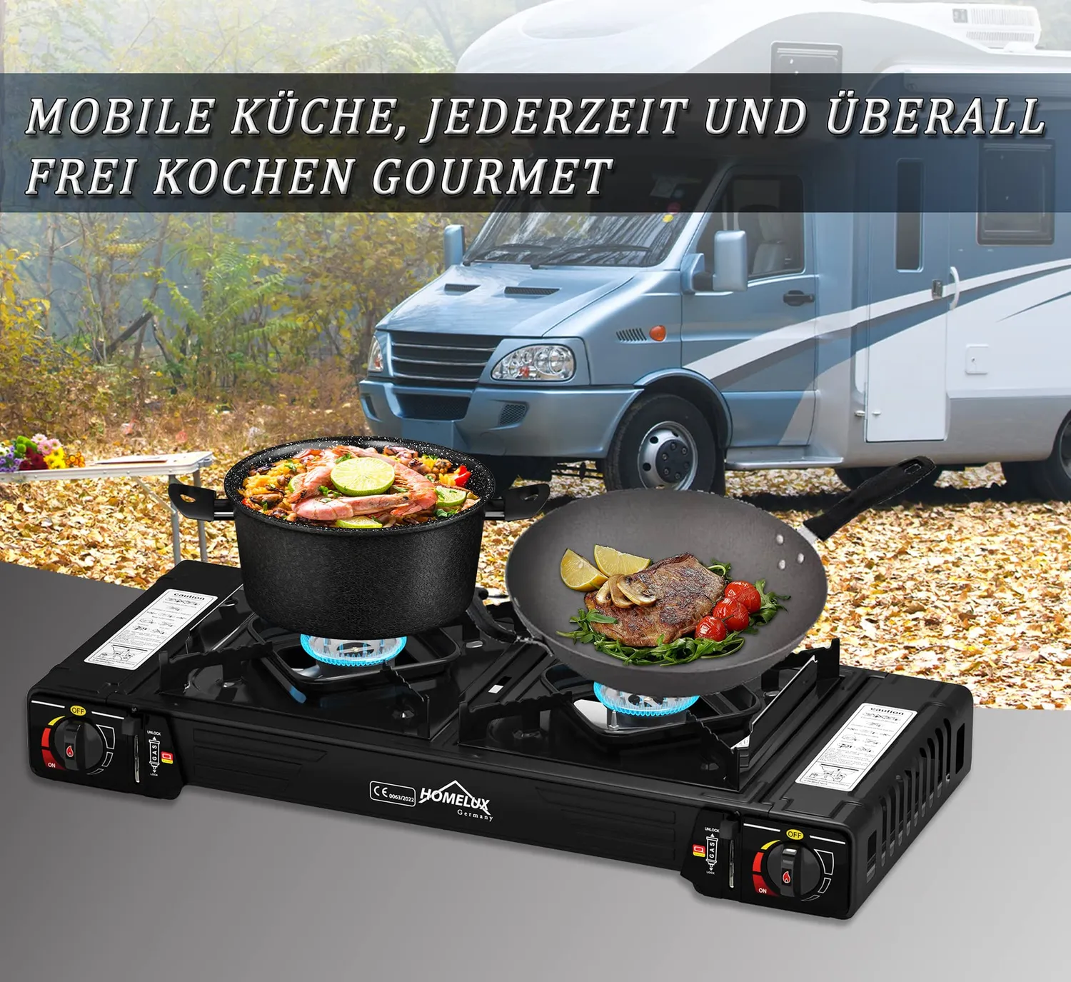HOMELUX Gaskocher 2-flammig 2x2,5 kW mit Kartuschen
