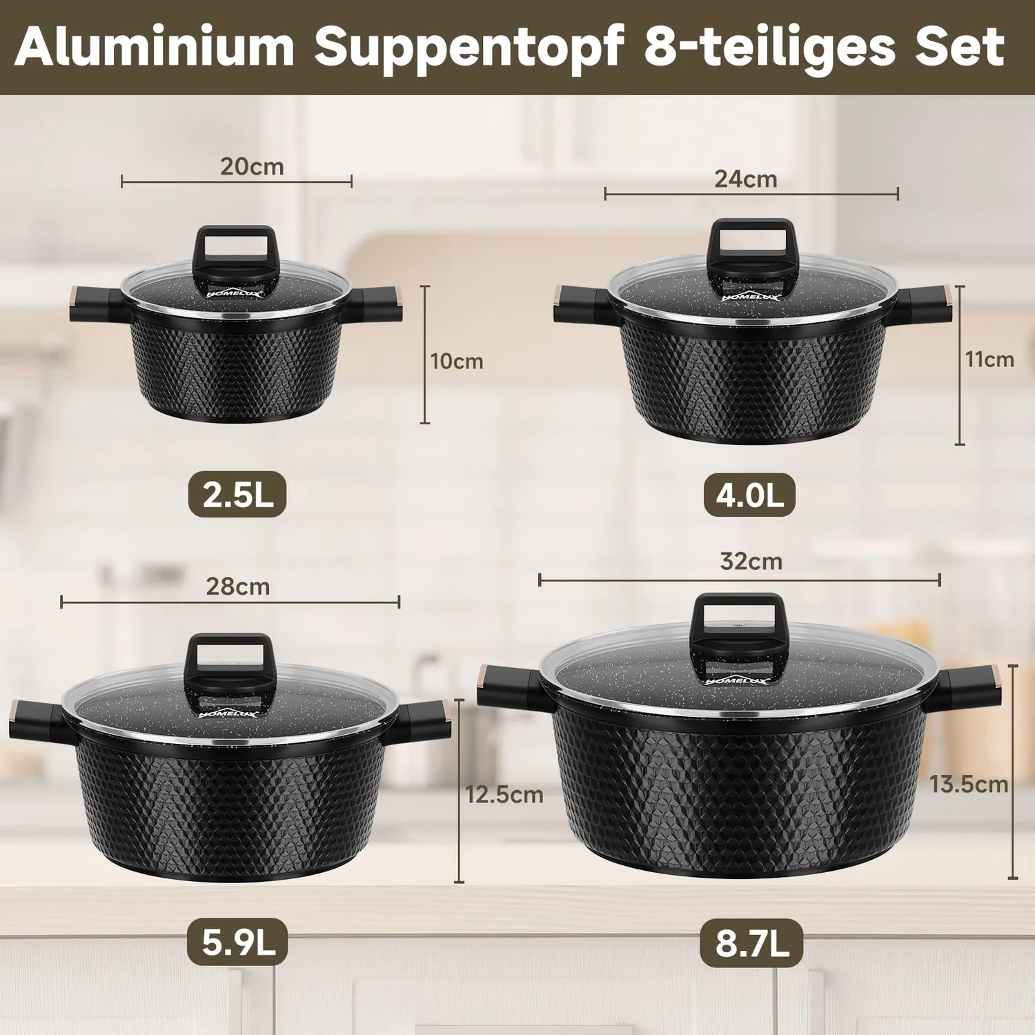 HOMELUX Diamant Topfset 8-teilig Induktion Schwarz