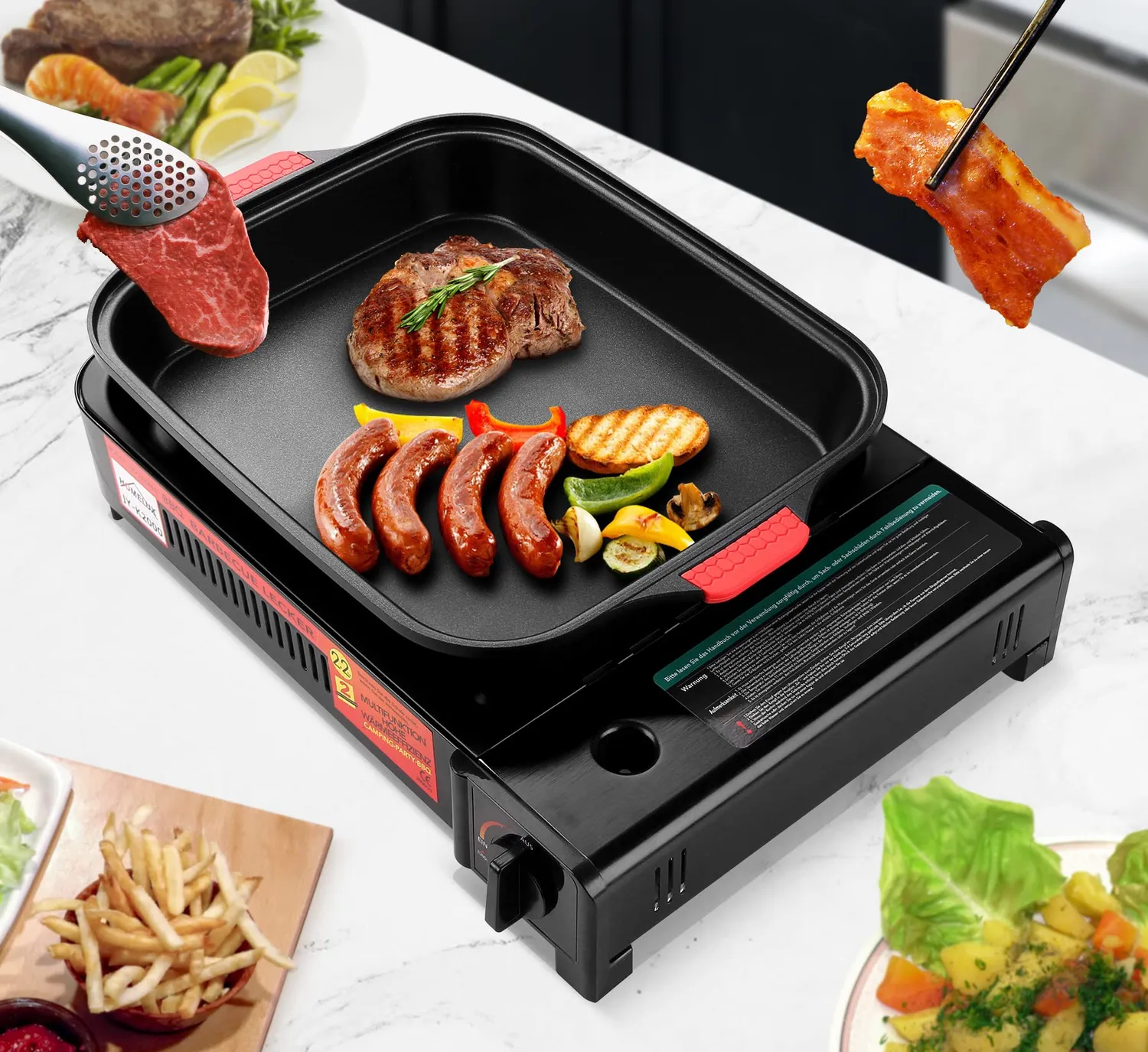 HOMELUX Camping Gasgrill 2,2kW mit Grillpfanne Glasdeckel