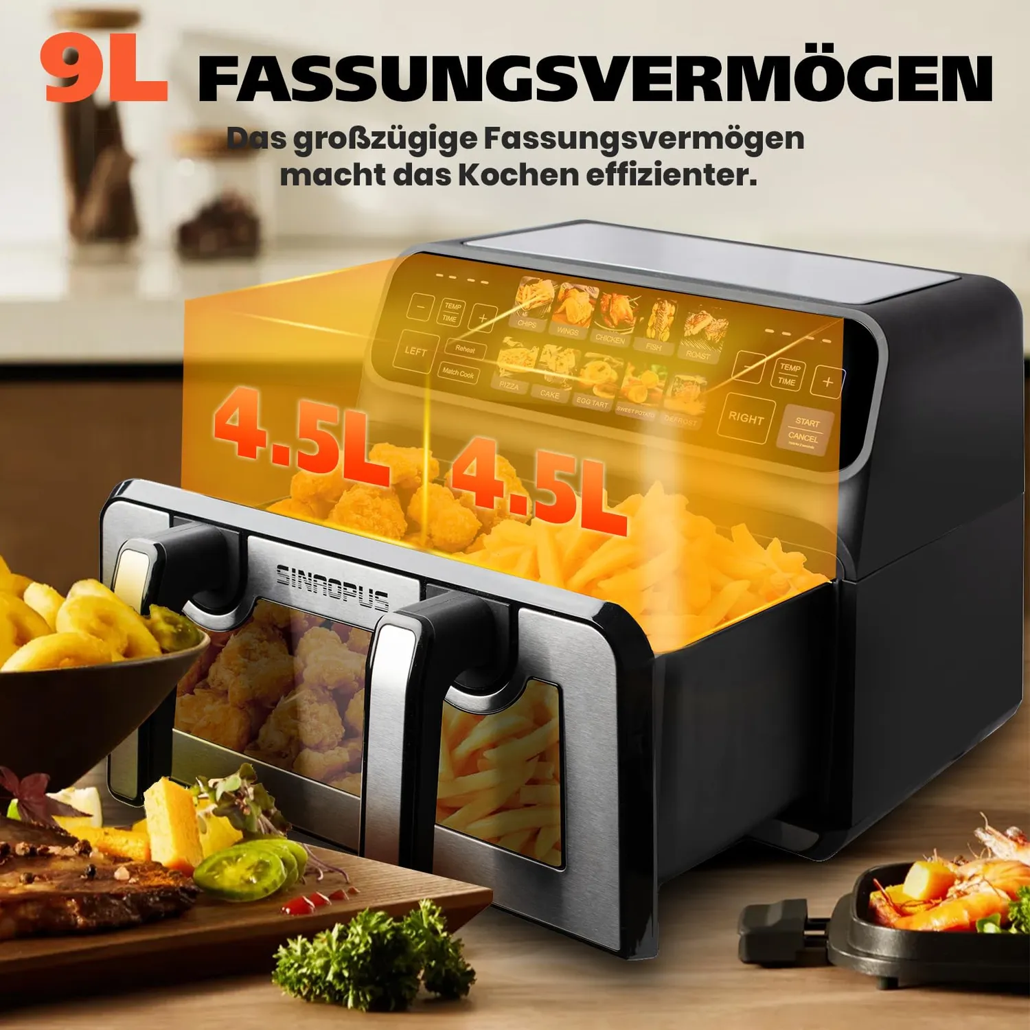 Sinaopus 802T Heißluftfritteuse 9L schwarz Dual-Zone