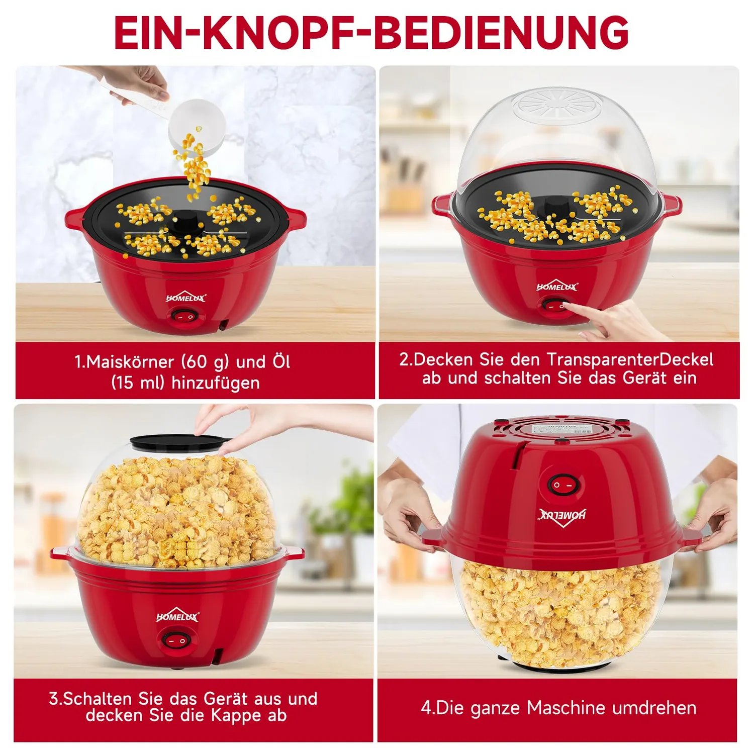 HOMELUX Mini Popcornmaschine 450W 2,5L Antihaft mit Messlöffel