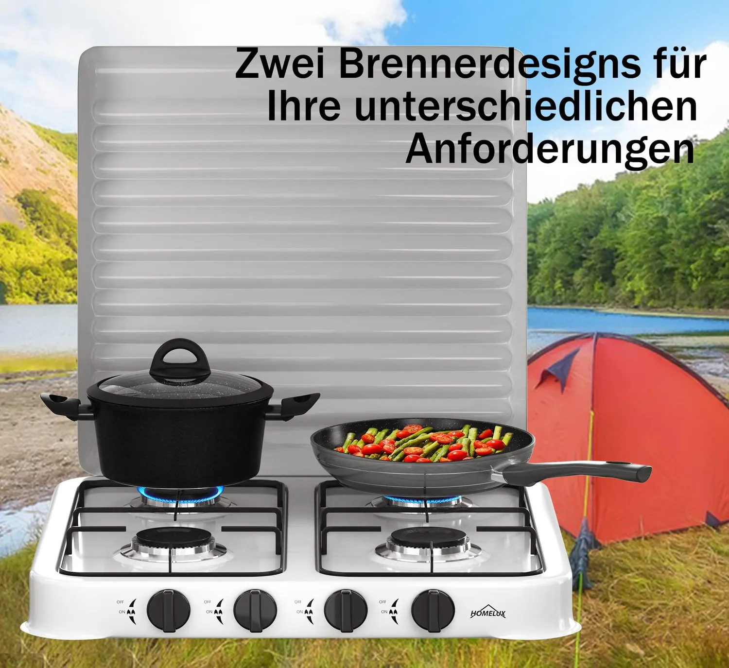 HOMELUX Campingkocher 4-flammig Gaskocher 6,2kW weiß mit Schlauch