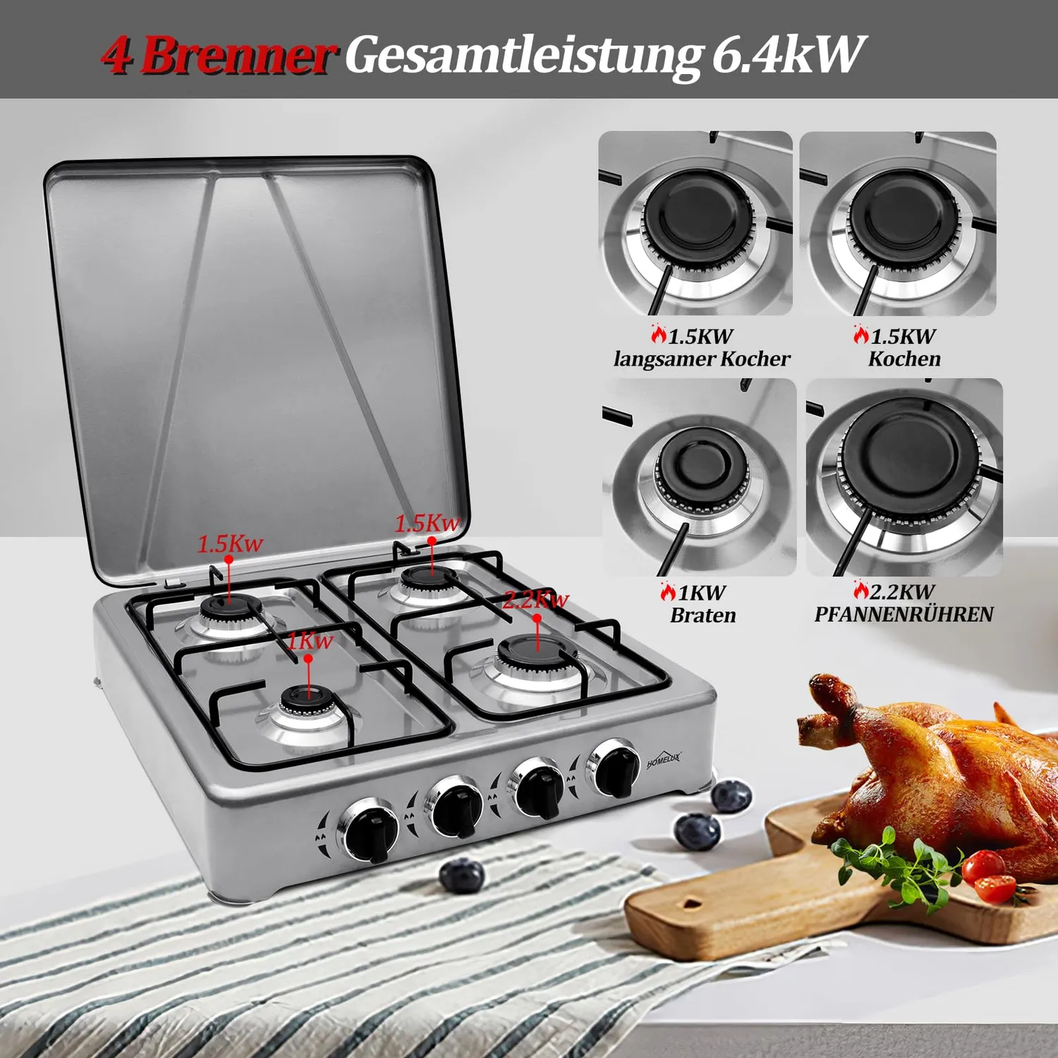 Homelux Gaskocher 6,2 kW 4-flammig Grau mit Deckel 52x49 cm