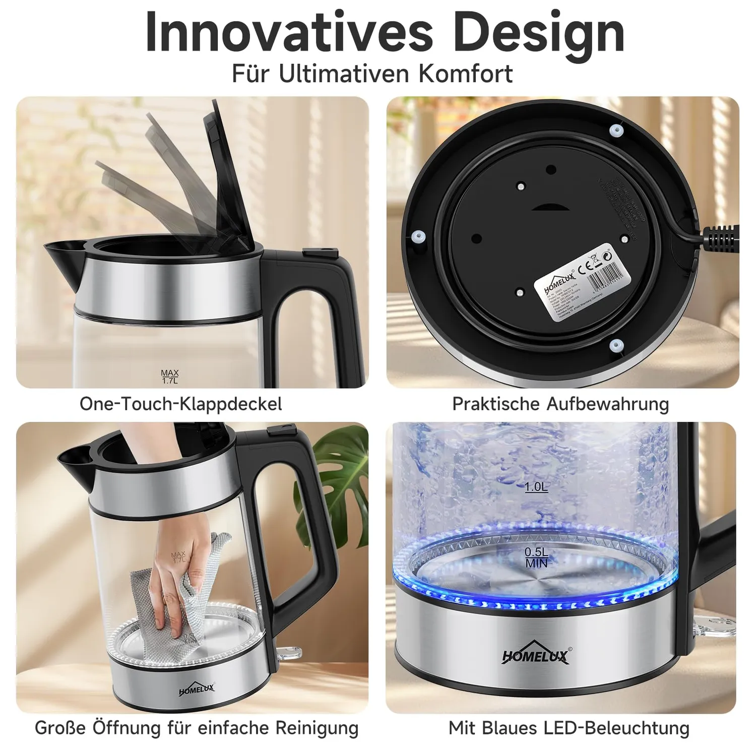 HOMELUX Wasserkocher Glas 1,7L mit LED-Beleuchtung
