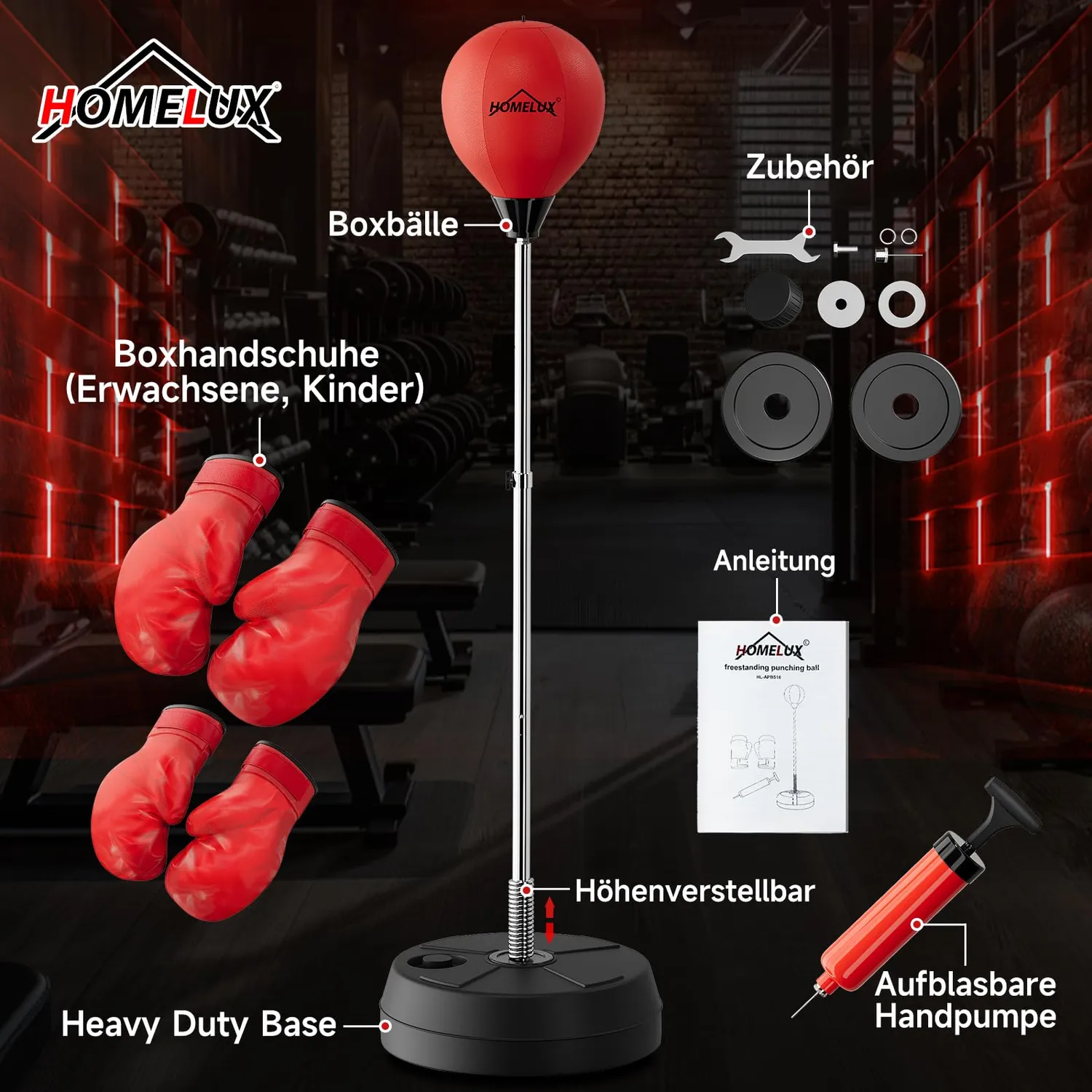 HOMELUX Punchingball Boxbirne stehend 121-145cm mit Handschuhen