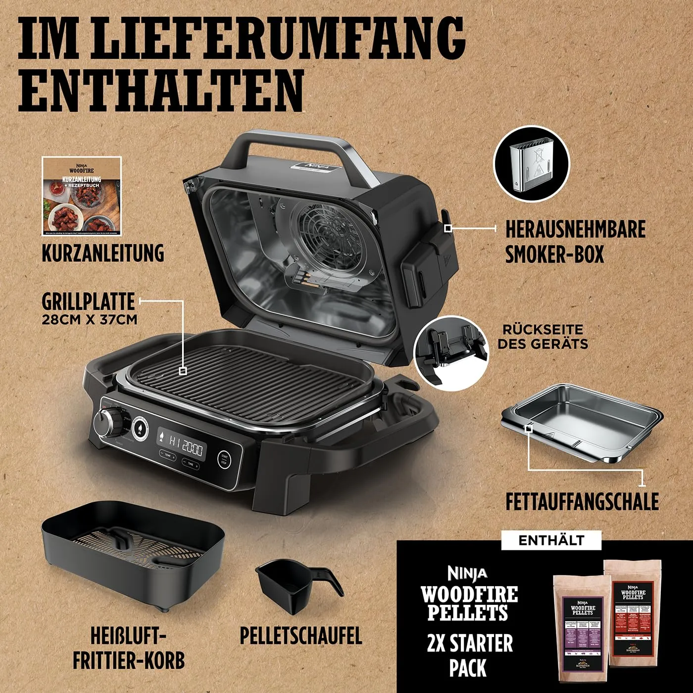 Ninja Woodfire OG701EU Elektrogrill 7-in-1 grau Outdoor