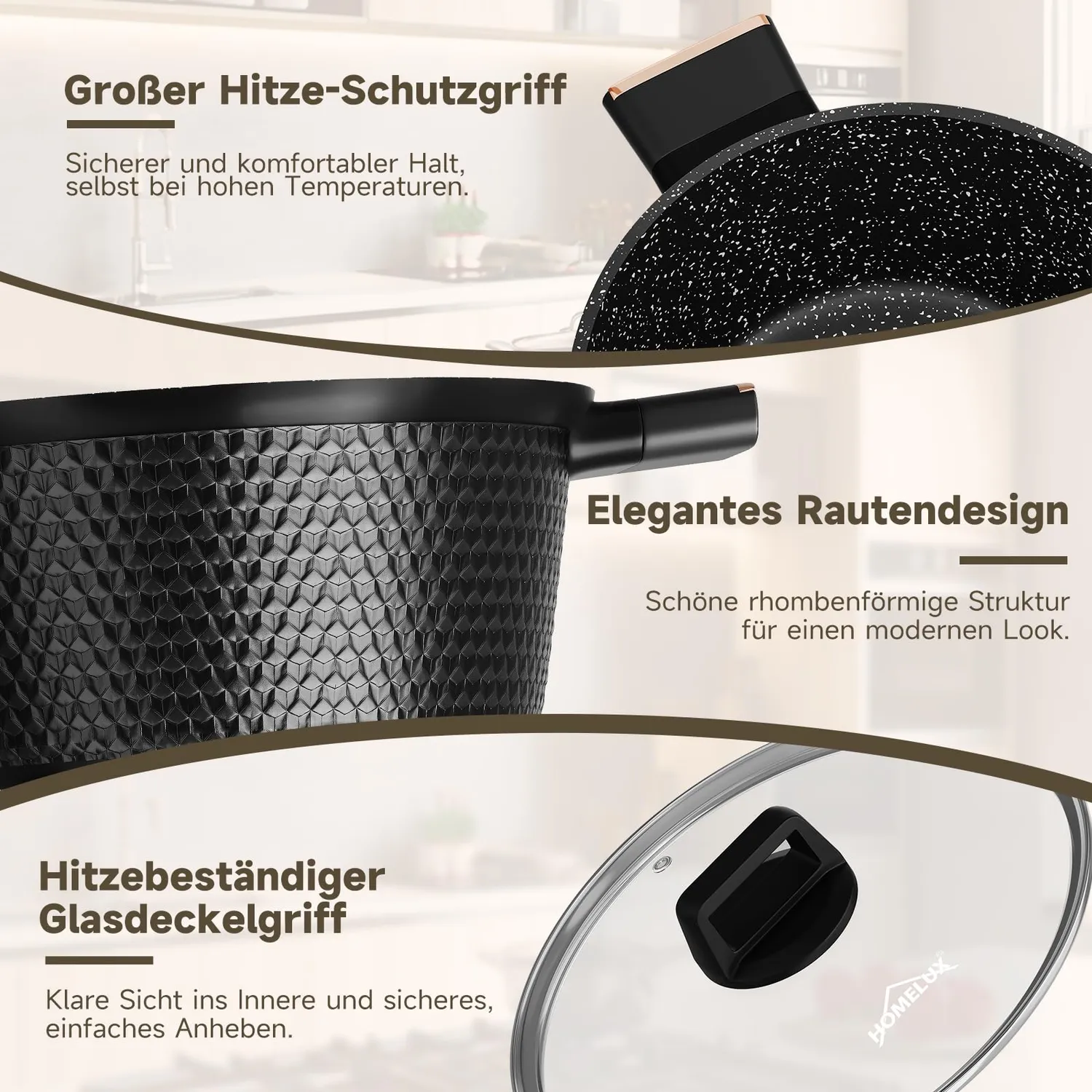 HOMELUX Diamant Topfset 8-teilig Induktion Schwarz