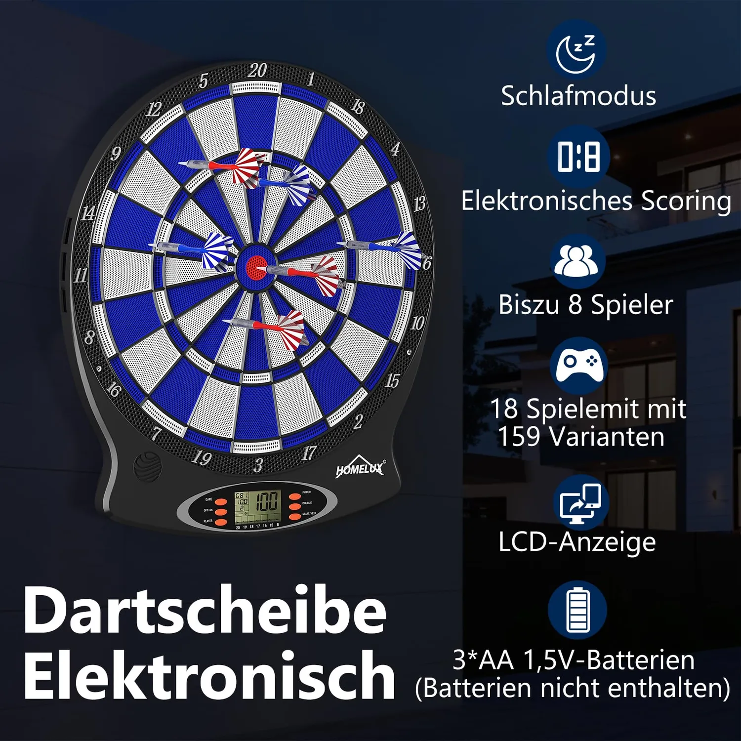 HOMELUX Elektronische Dartscheibe 6 Darts 18 Spiele