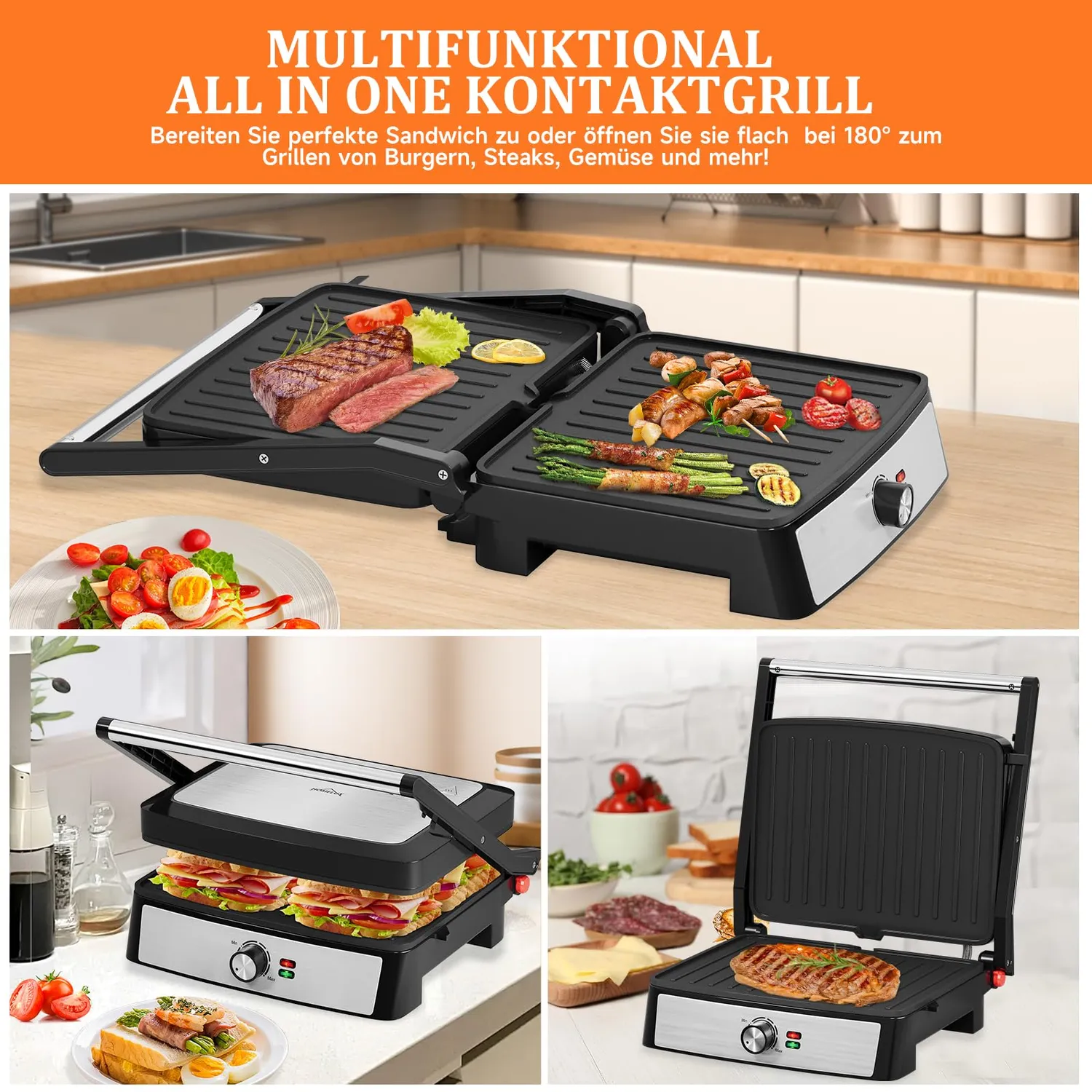 HOMELUX Kontaktgrill 2200W Tischgrill 180° Antihaft