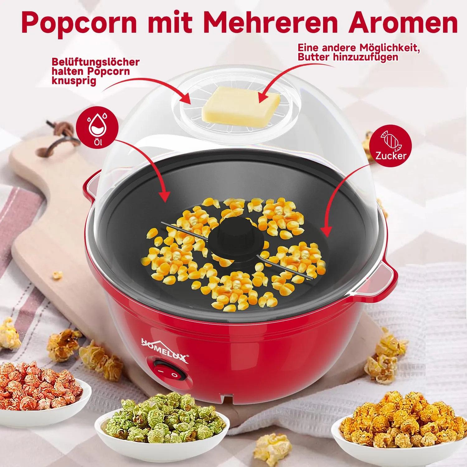 HOMELUX Mini Popcornmaschine 450W 2,5L Antihaft mit Messlöffel