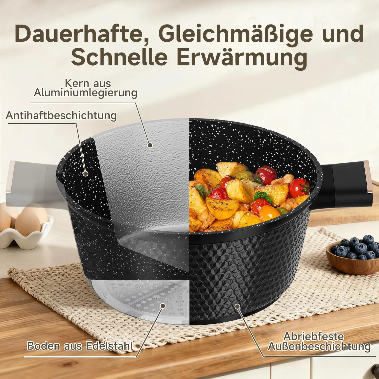 HOMELUX Diamant Topfset 8-teilig Induktion Schwarz