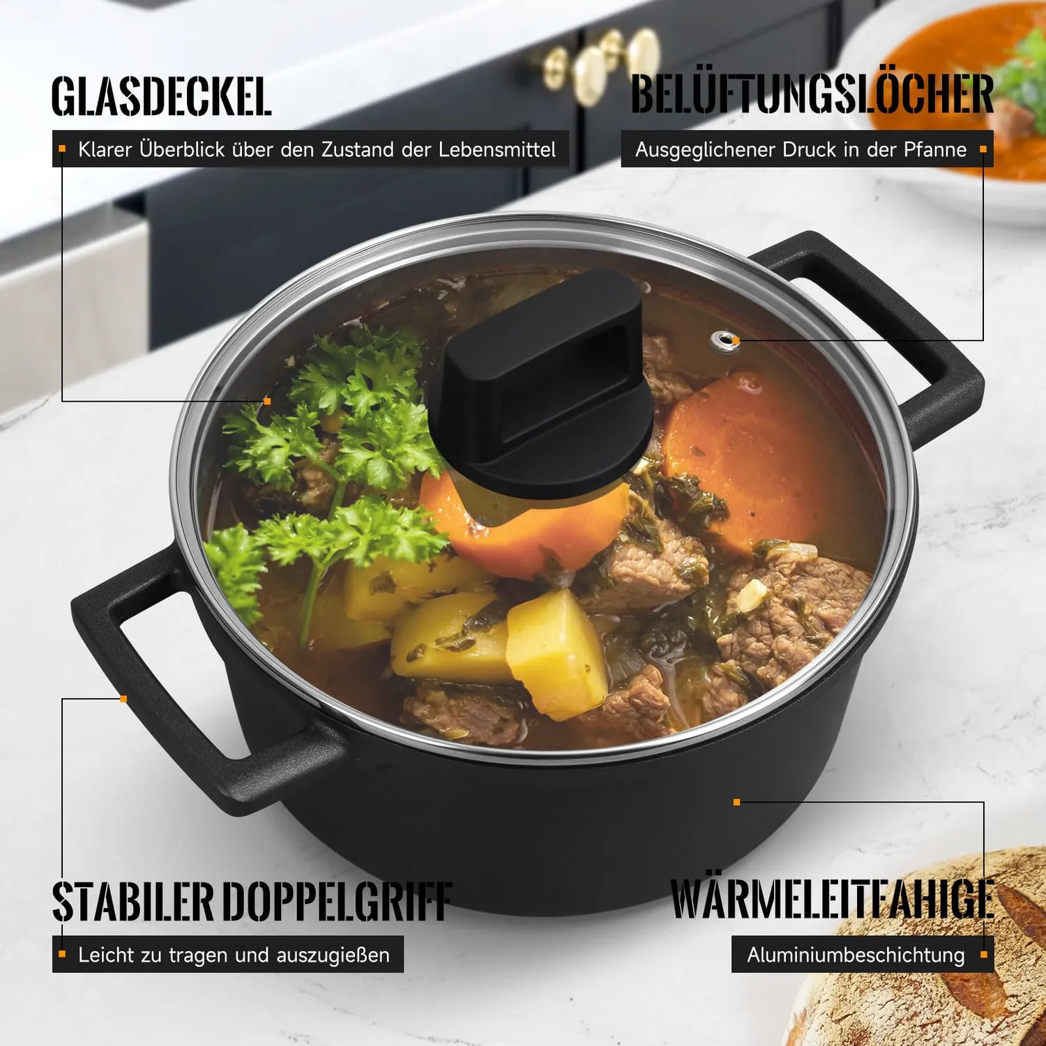Homelux Kochtopf 20 cm 2,6 L Antihaft Glasdeckel