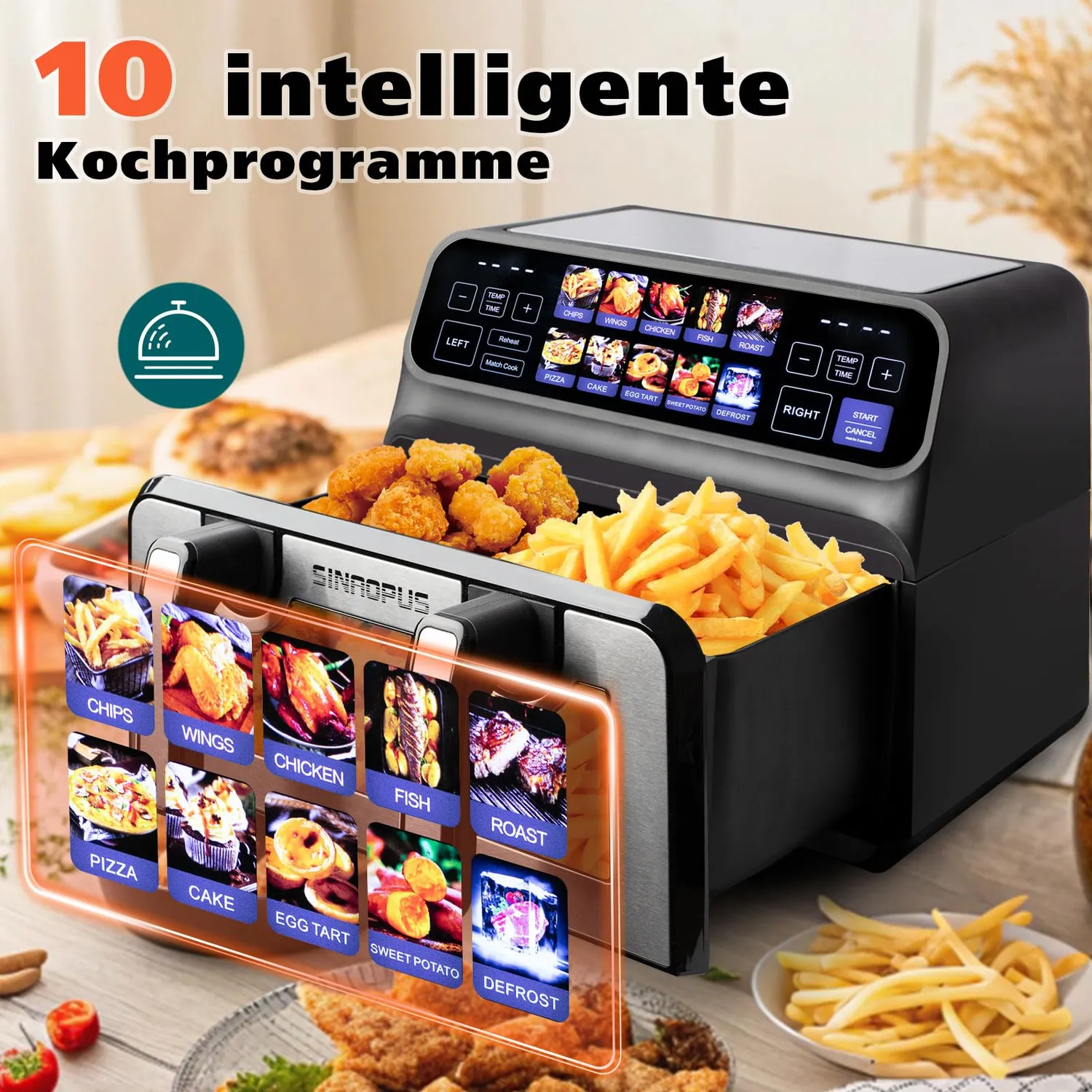 Sinaopus 802T Heißluftfritteuse 9L schwarz Dual-Zone