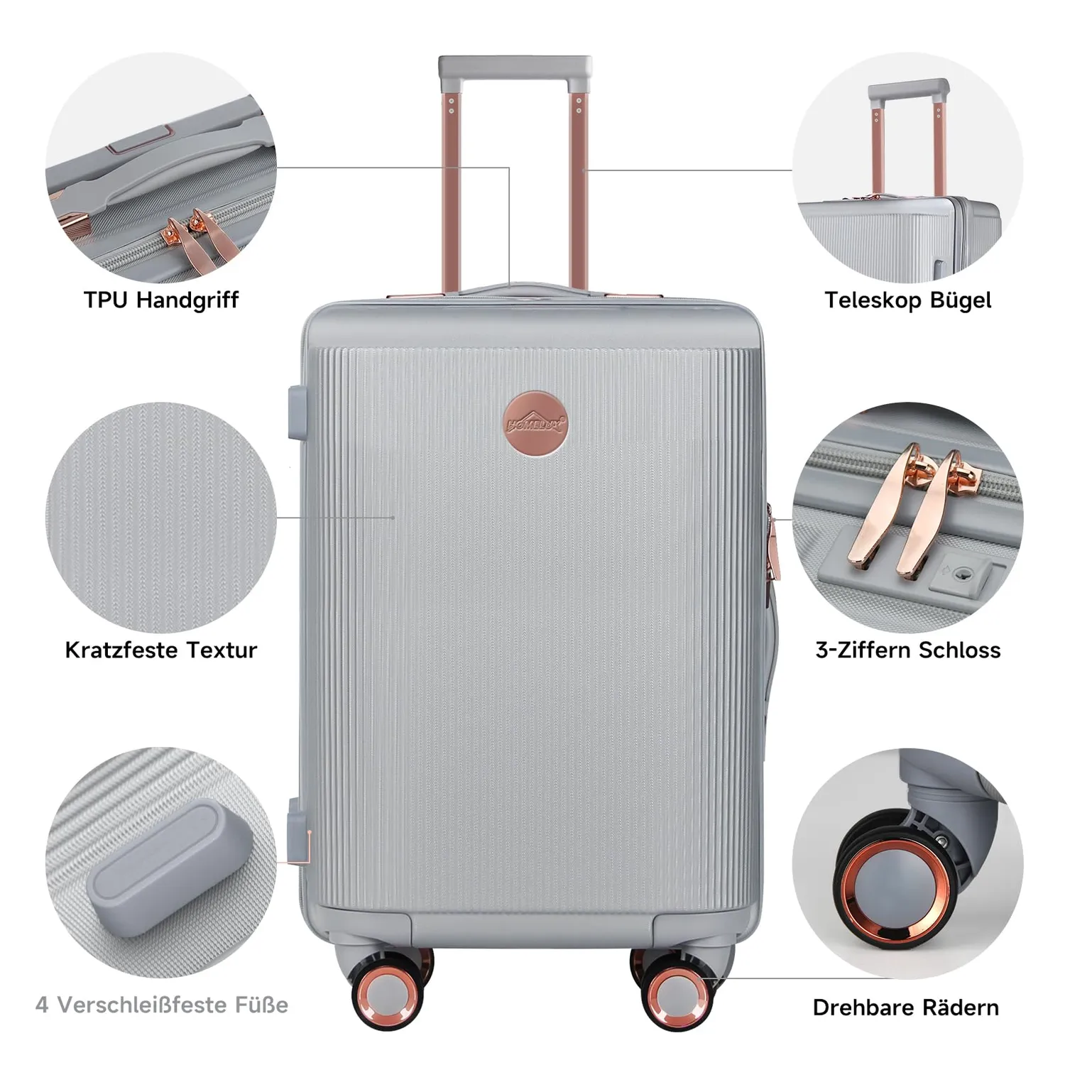 HOMELUX Kofferset 3-teilig Silber M-L-XL Hartschale
