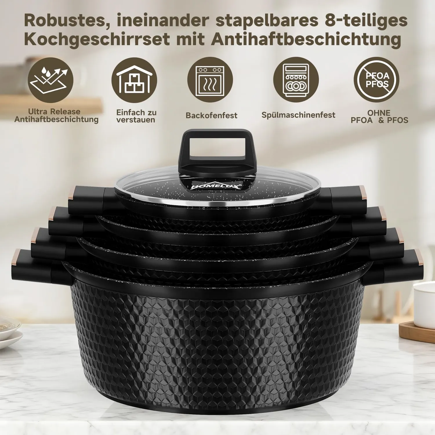 HOMELUX Diamant Topfset 8-teilig Induktion Schwarz