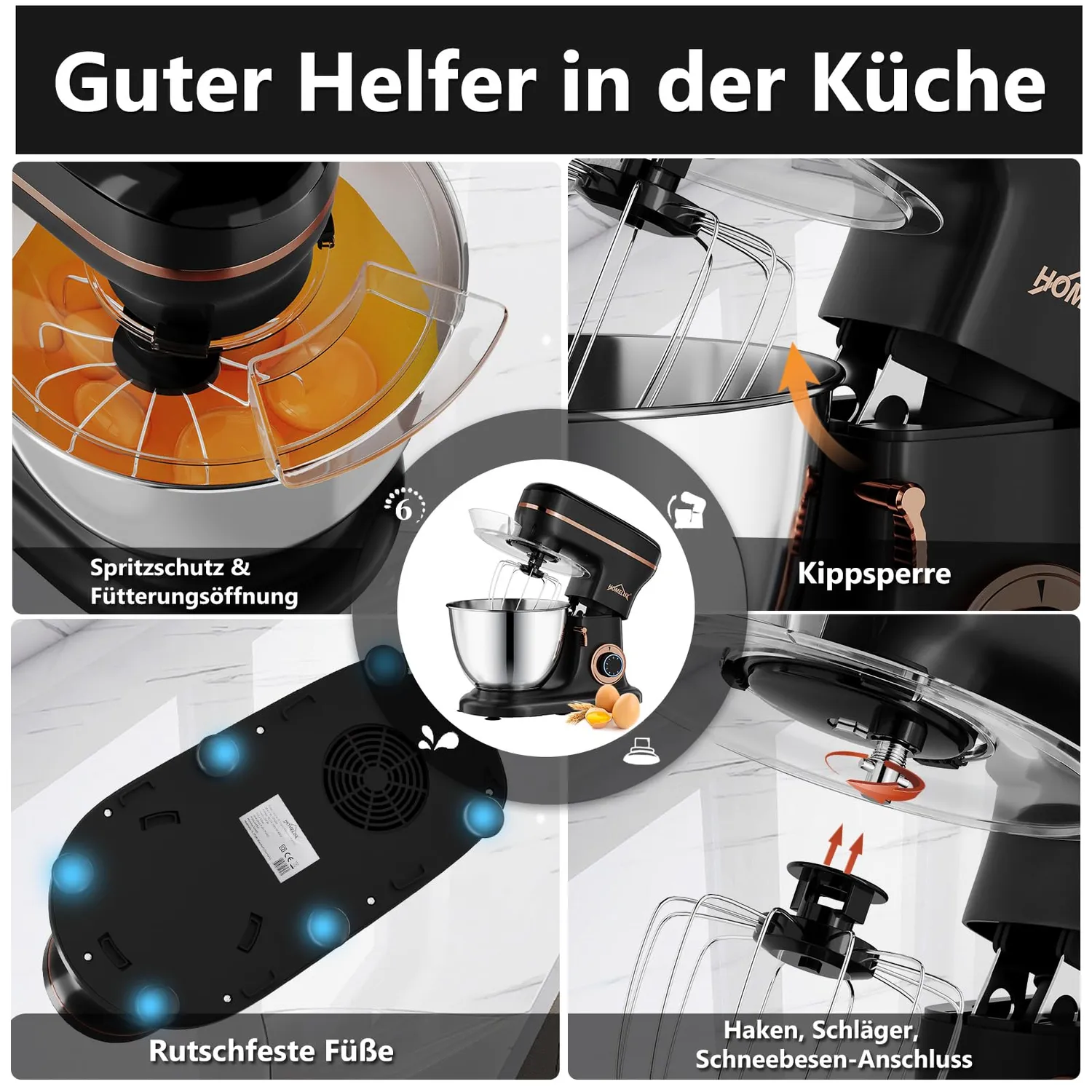 HOMELUX Küchenmaschine 1800 W 8 Liter 6-stufig