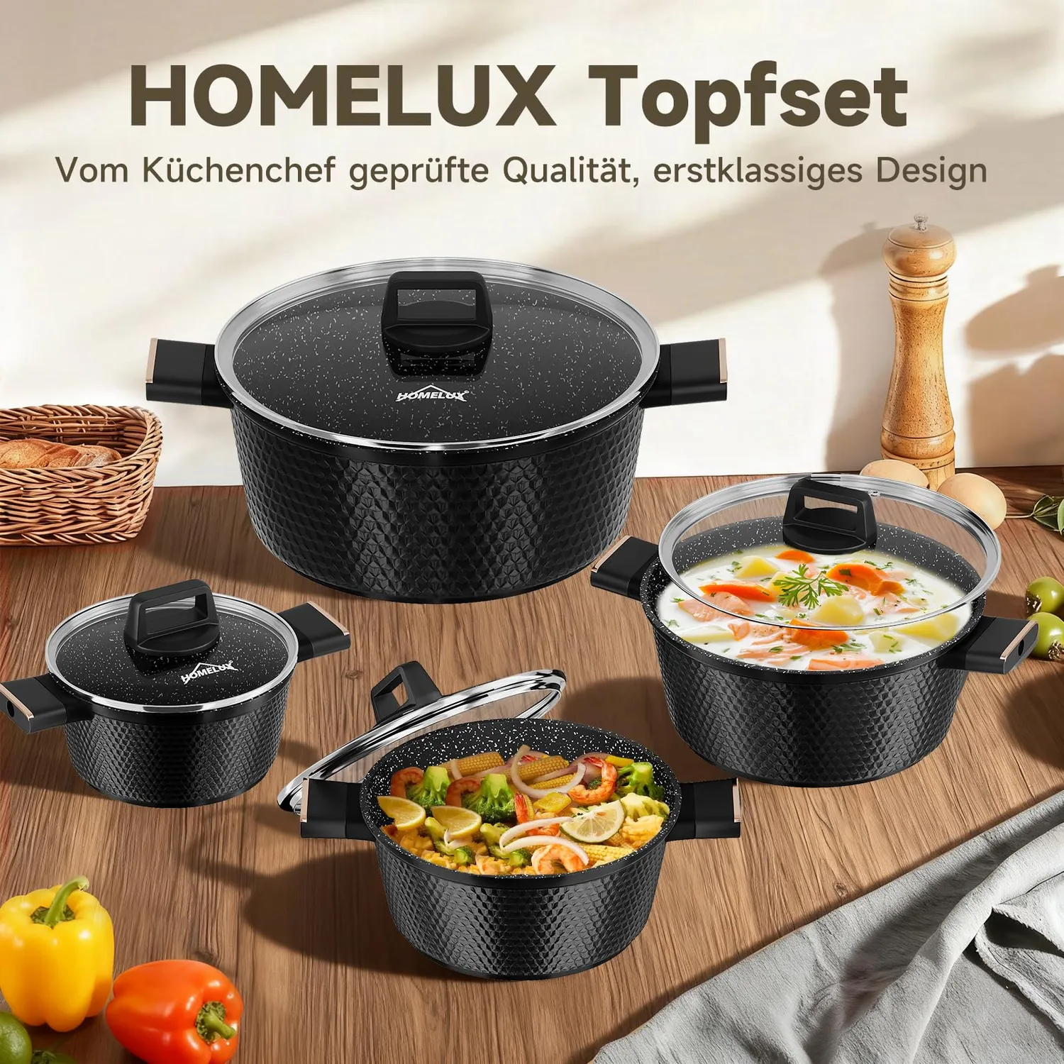 HOMELUX Diamant Topfset 8-teilig Induktion Schwarz