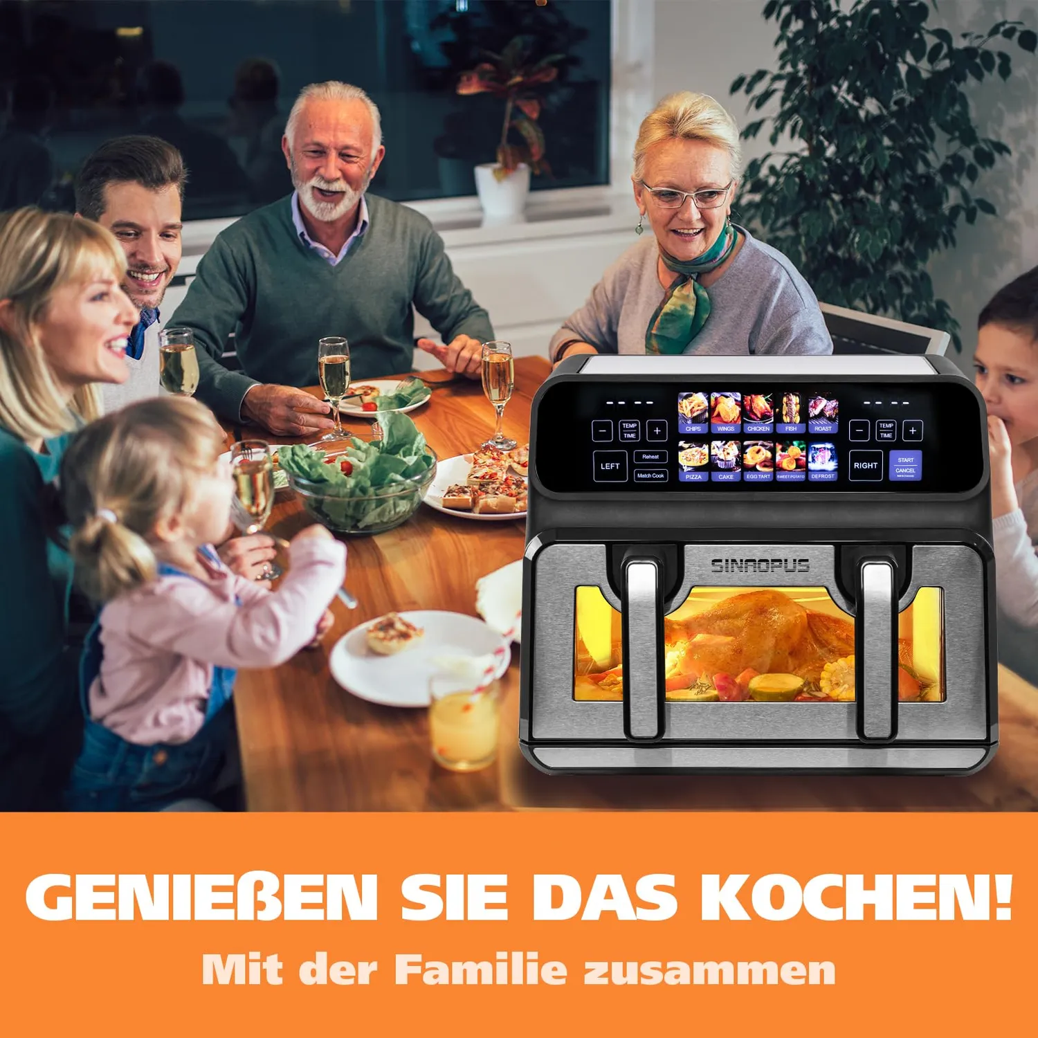 Sinaopus 802T Heißluftfritteuse 9L schwarz Dual-Zone