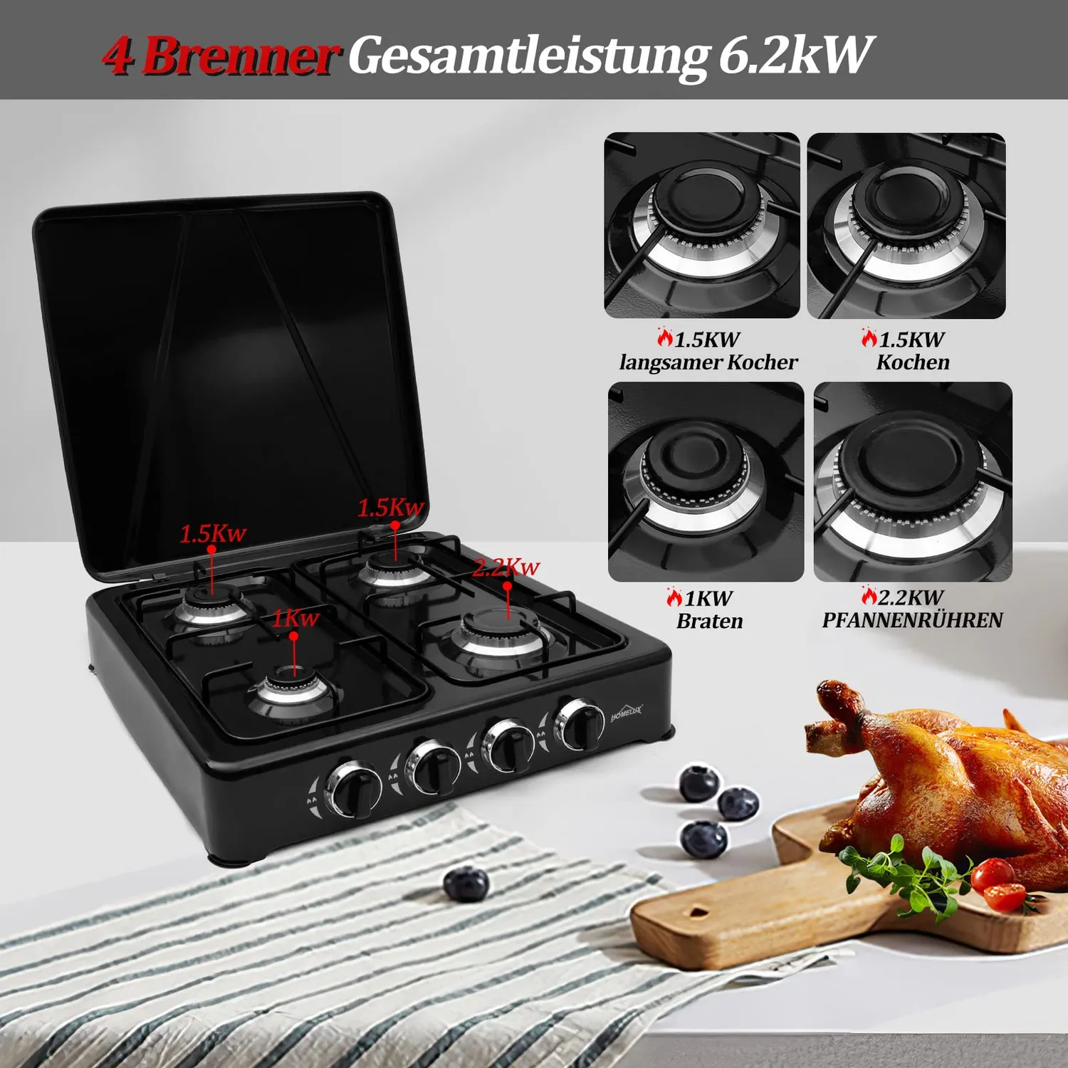HOMELUX 6,2 kW Gaskocher 4-flammig Schwarz mit Deckel