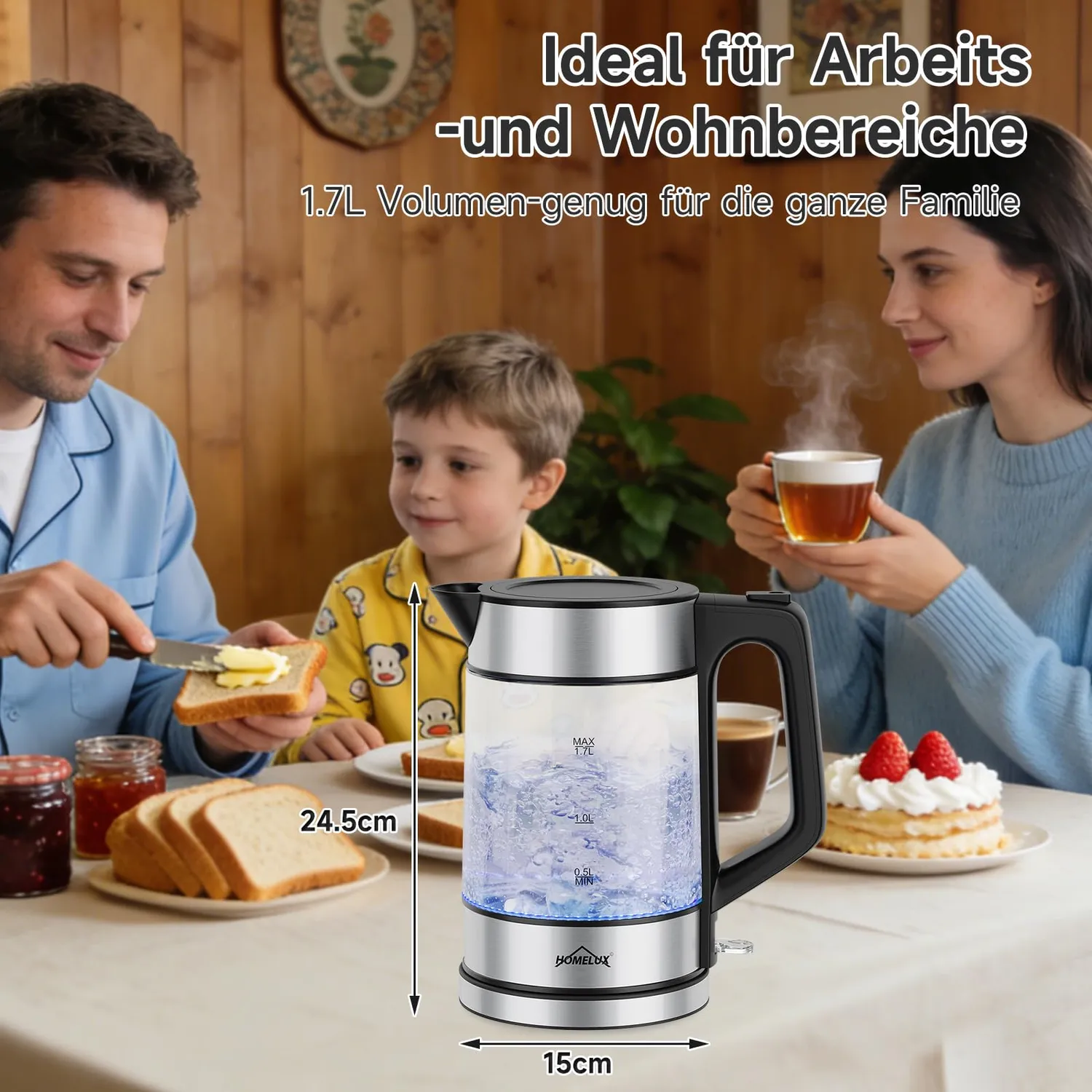 HOMELUX Wasserkocher Glas 1,7L mit LED-Beleuchtung