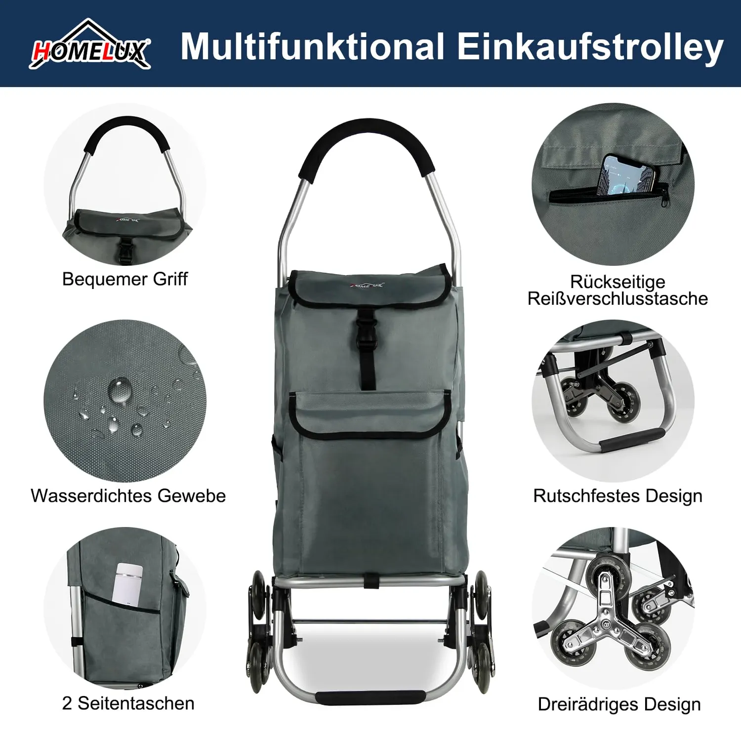 HOMELUX Einkaufstrolley 41L Trolley dunkelgrau treppengängig