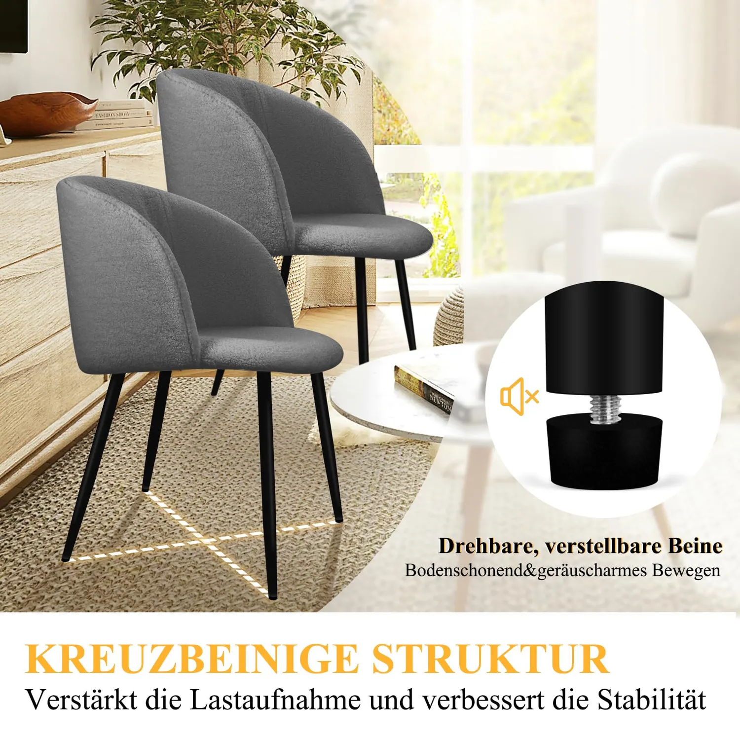 HOMELUX Teddy Esszimmerstuhl 4er Set Grau mit Armlehne