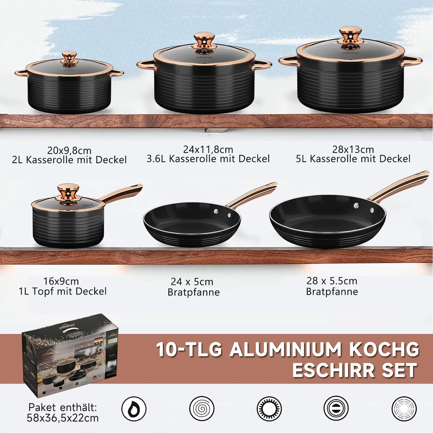 HOMELUX Topfset 10tlg Induktion Keramik Roségold