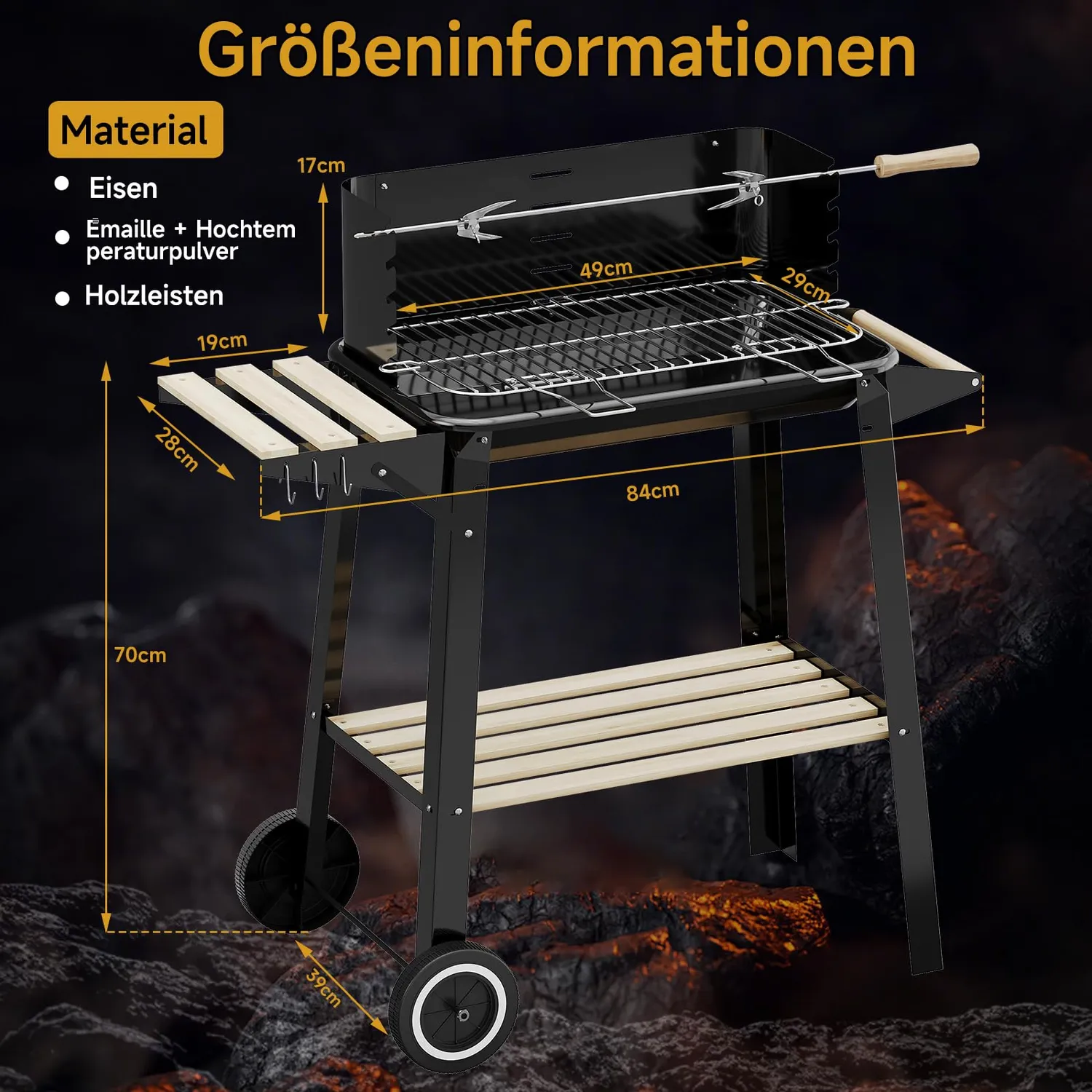 HOMELUX Holzkohlegrill Grillwagen 84x39x87cm