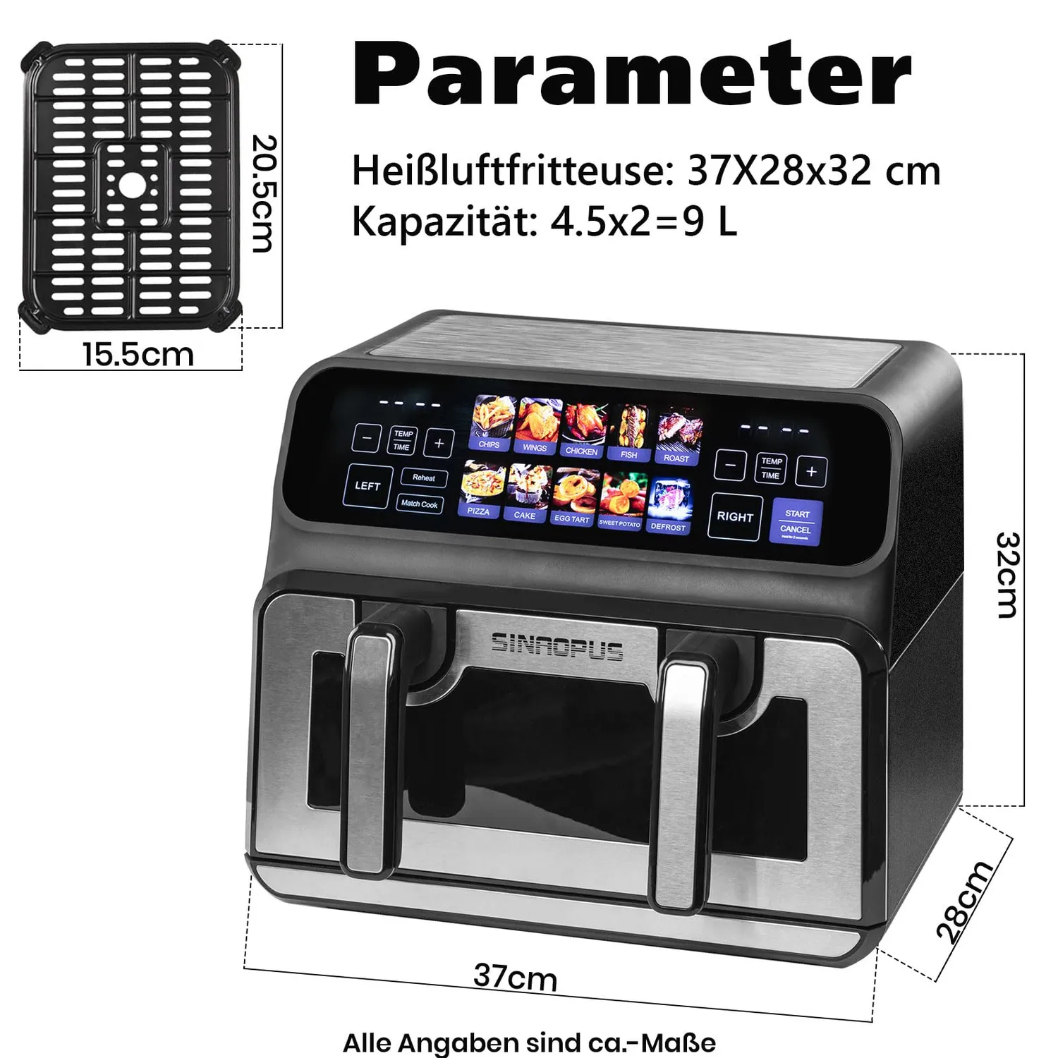 Sinaopus 802T Heißluftfritteuse 9L schwarz Dual-Zone