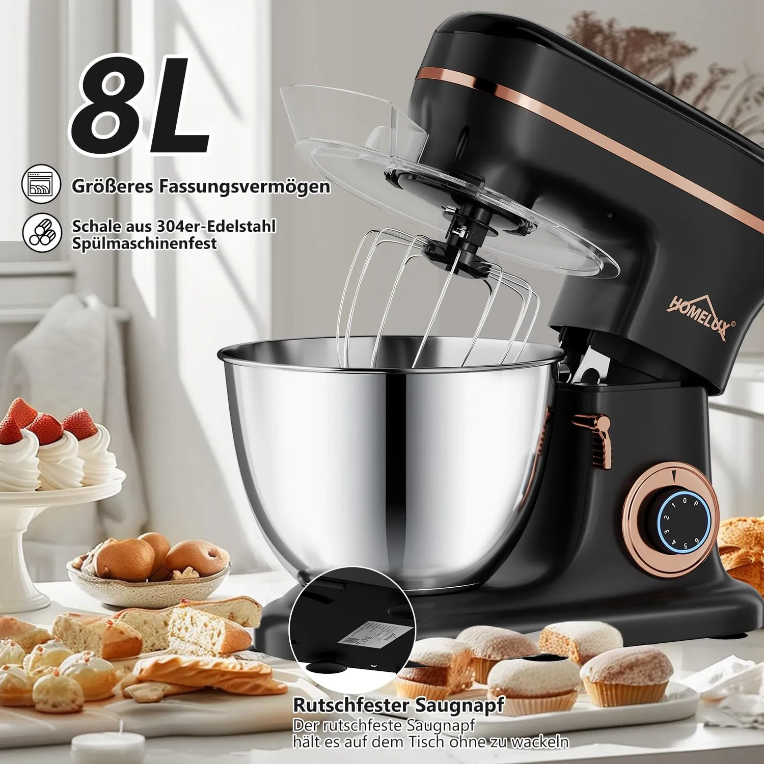 HOMELUX Küchenmaschine 1800 W 8 Liter 6-stufig