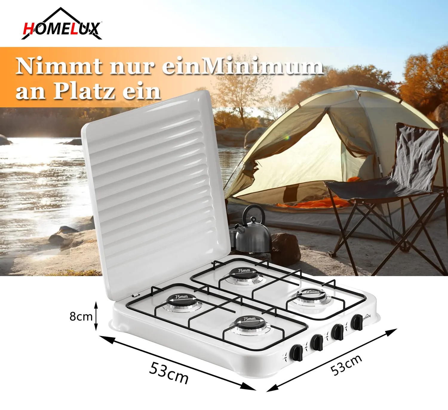 HOMELUX Campingkocher 4-flammig Gaskocher 6,2kW weiß mit Schlauch