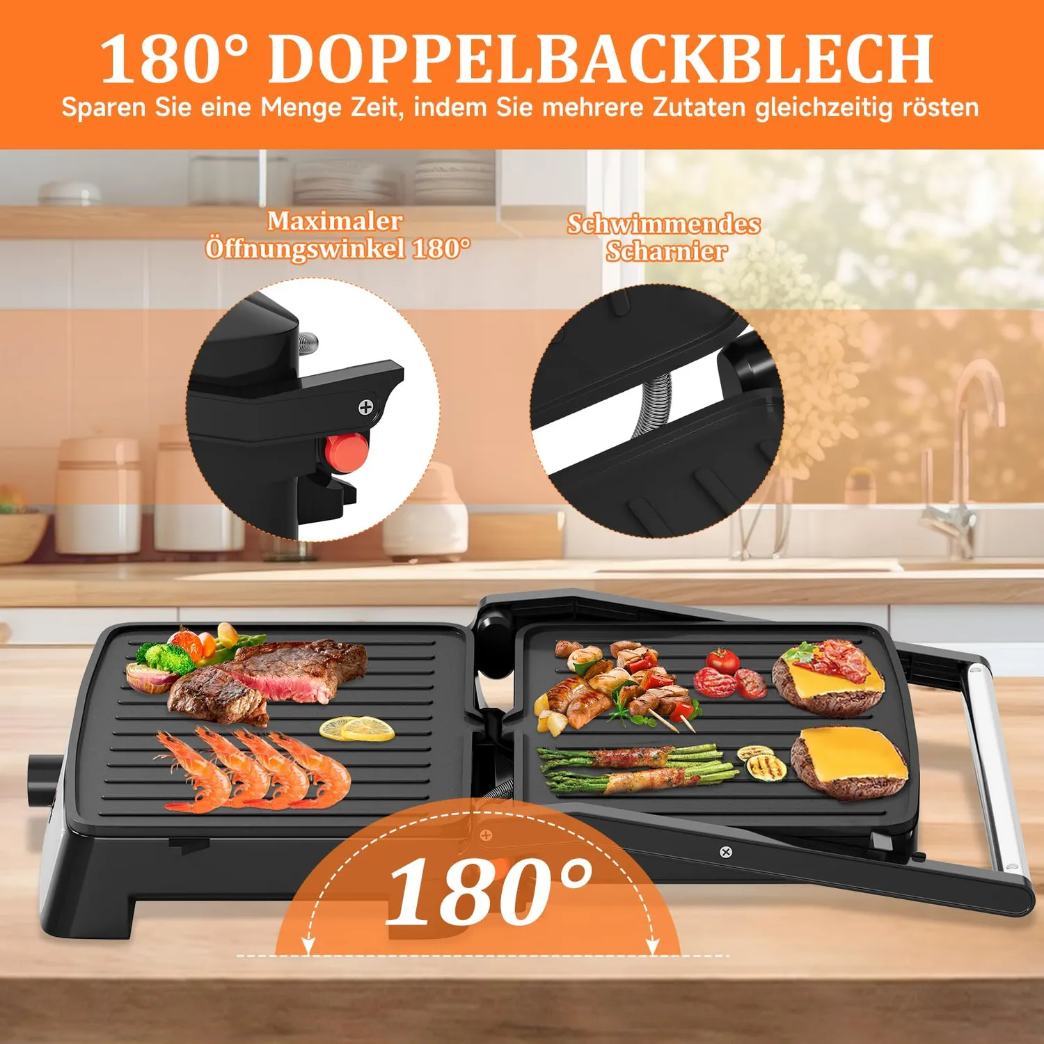 HOMELUX Kontaktgrill 2200W Tischgrill 180° Antihaft