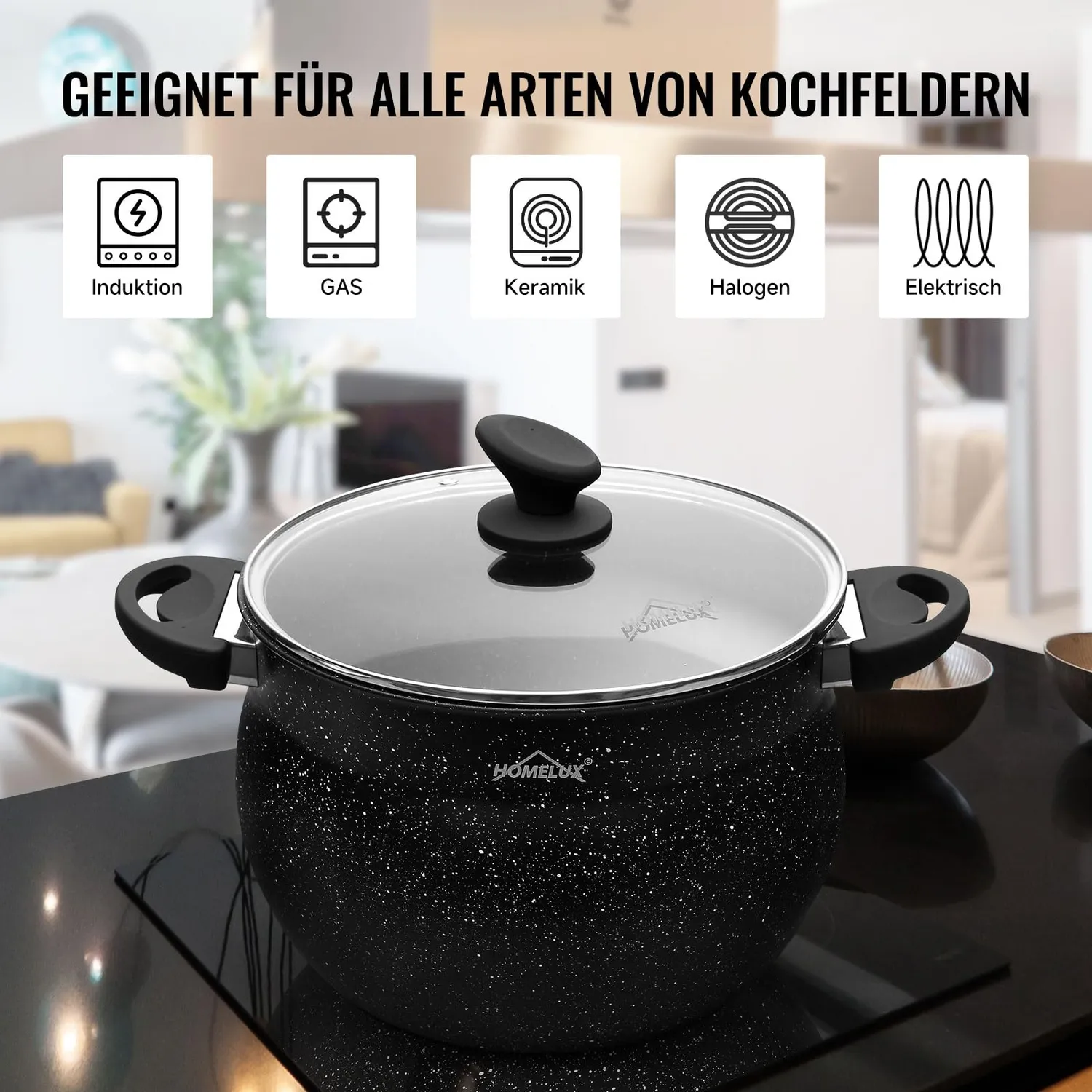 HOMELUX Topfset 6-teilig mit Glasdeckel Induktion Antihaft