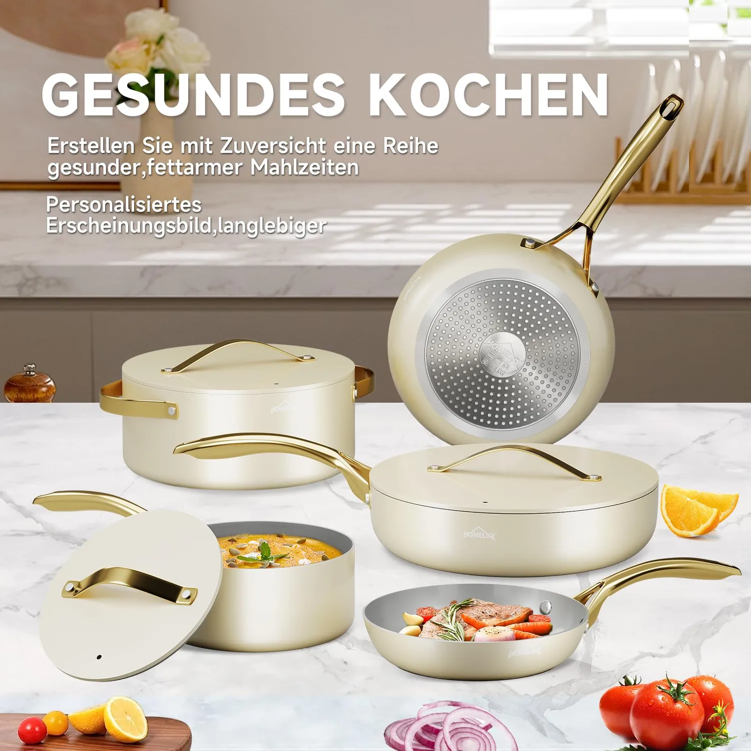 HOMELUX Topfset Induktion 8-teilig weiß-gold Antihaft