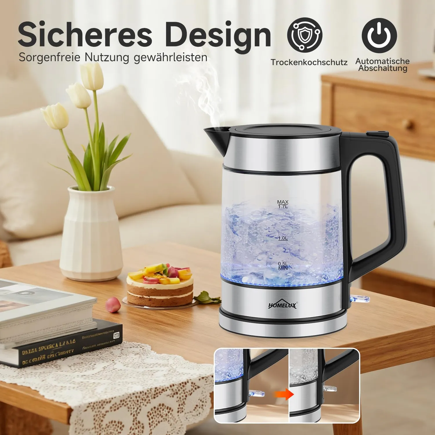 HOMELUX Wasserkocher Glas 1,7L mit LED-Beleuchtung