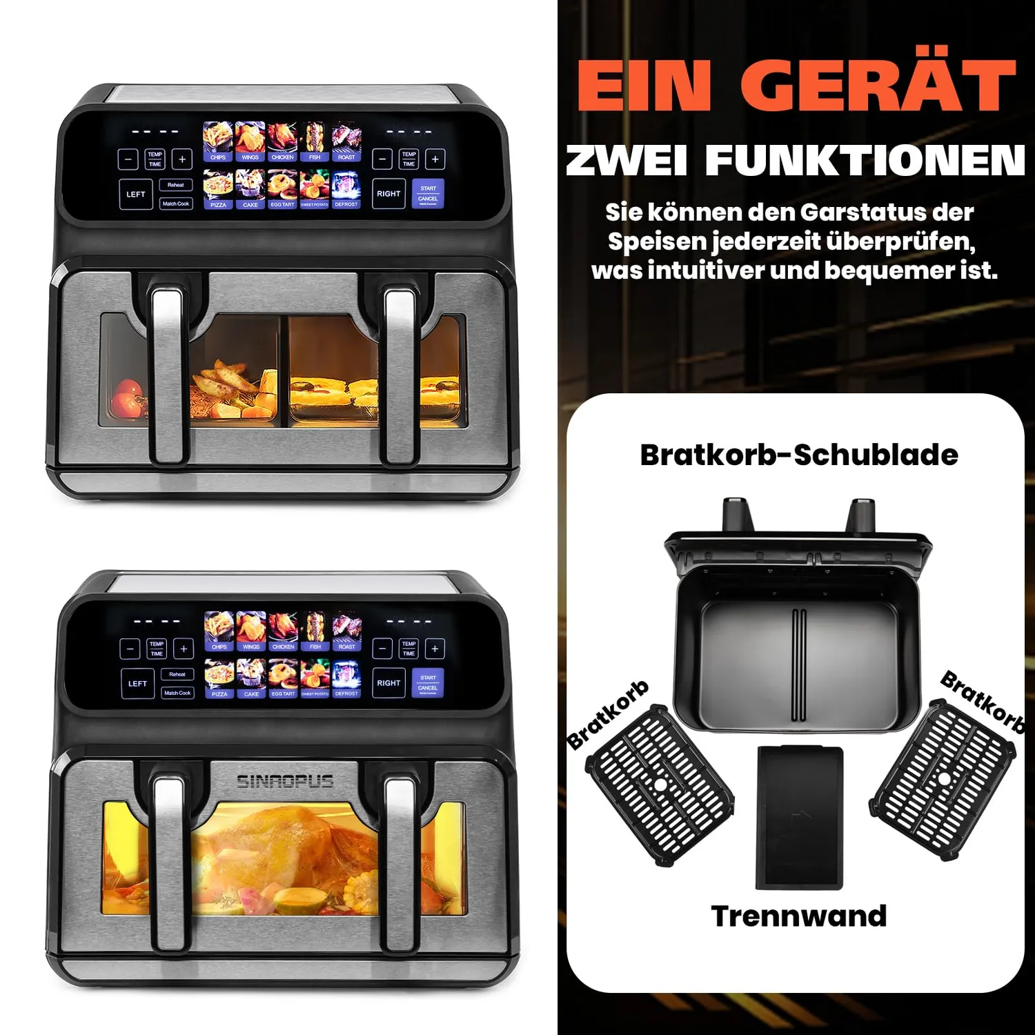 Sinaopus 802T Heißluftfritteuse 9L schwarz Dual-Zone