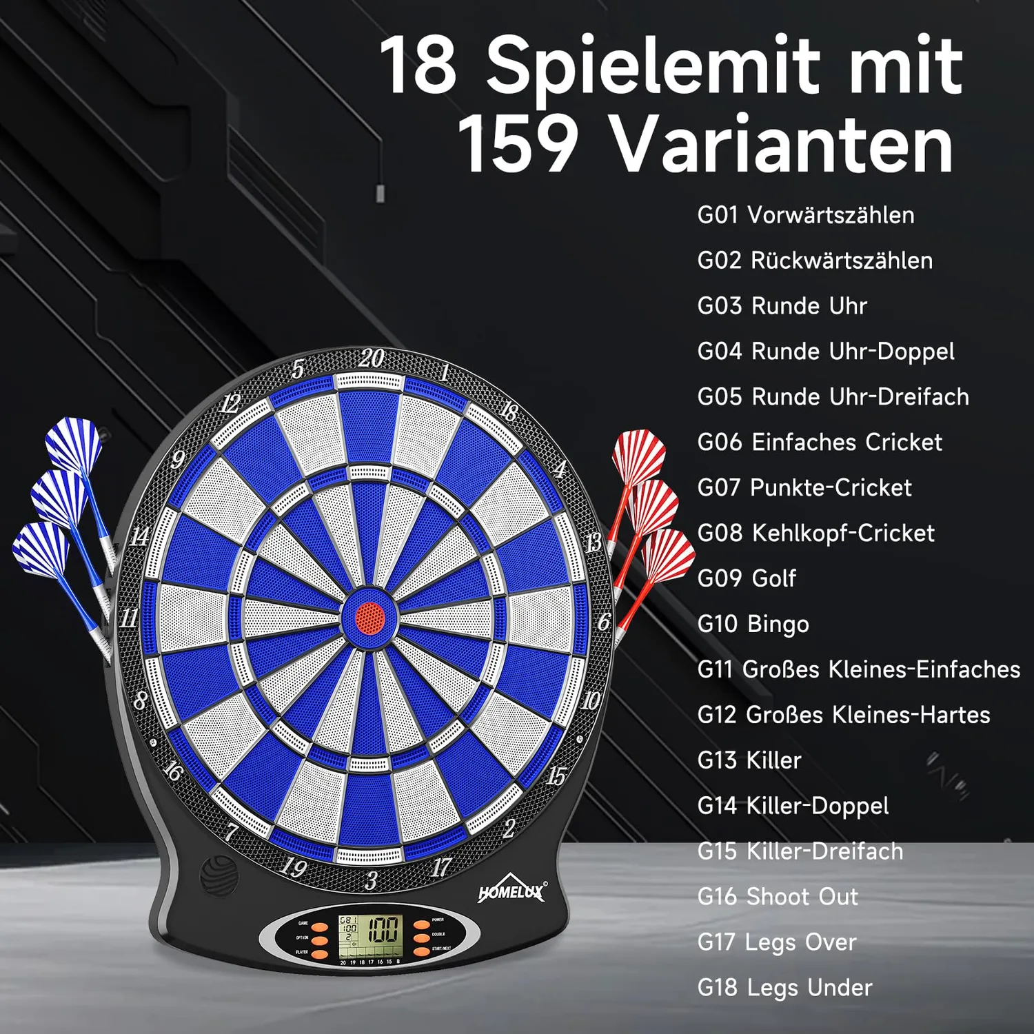 HOMELUX Elektronische Dartscheibe 6 Darts 18 Spiele