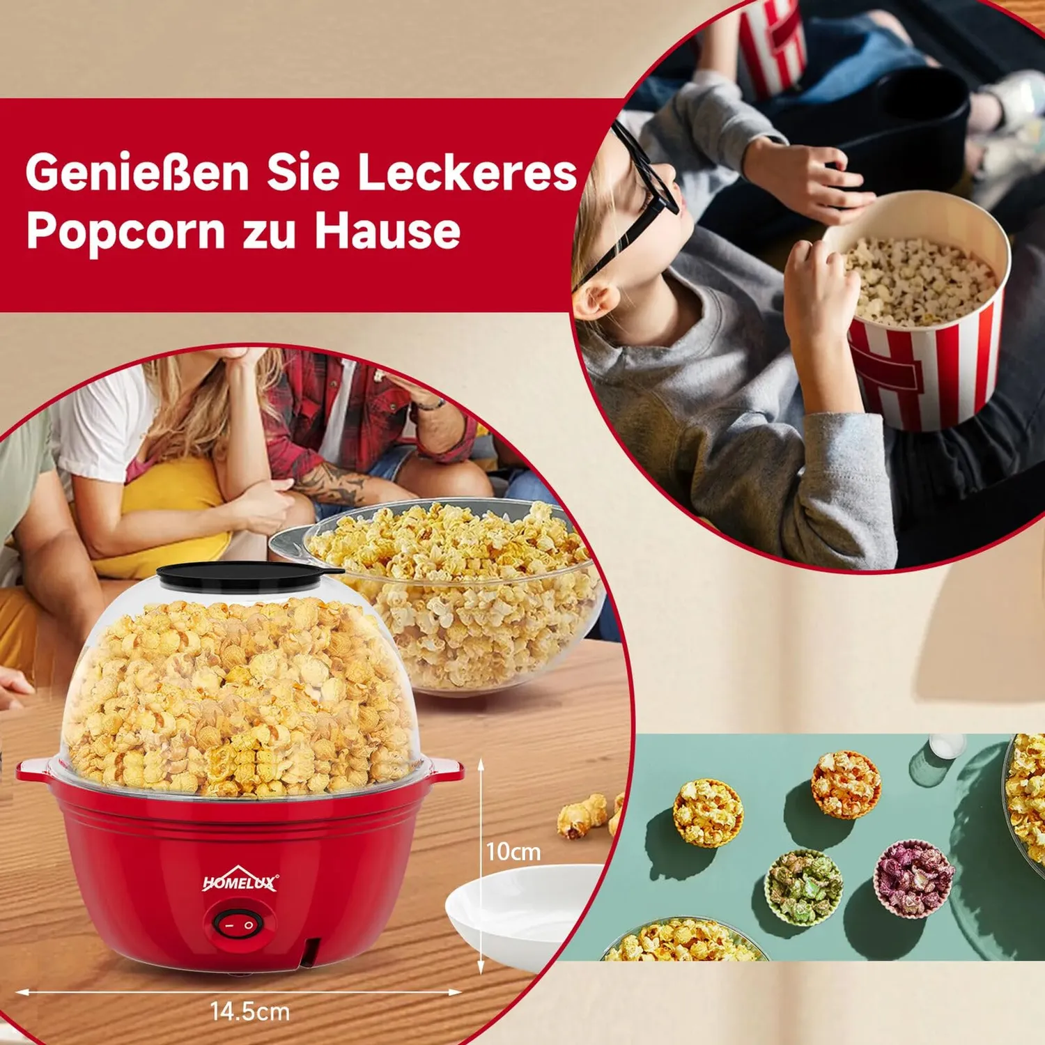 HOMELUX Mini Popcornmaschine 450W 2,5L Antihaft mit Messlöffel
