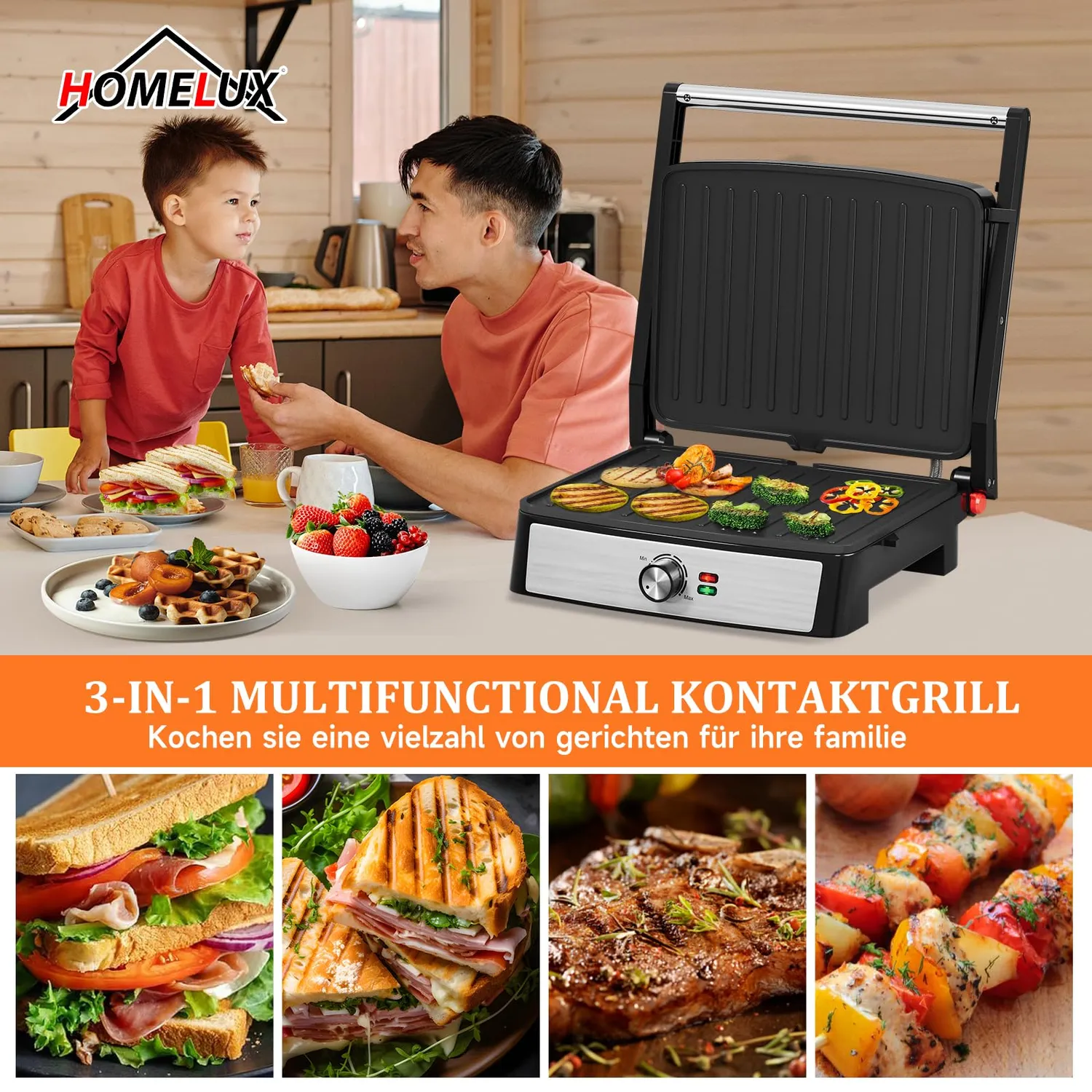 HOMELUX Kontaktgrill 2200W Tischgrill 180° Antihaft