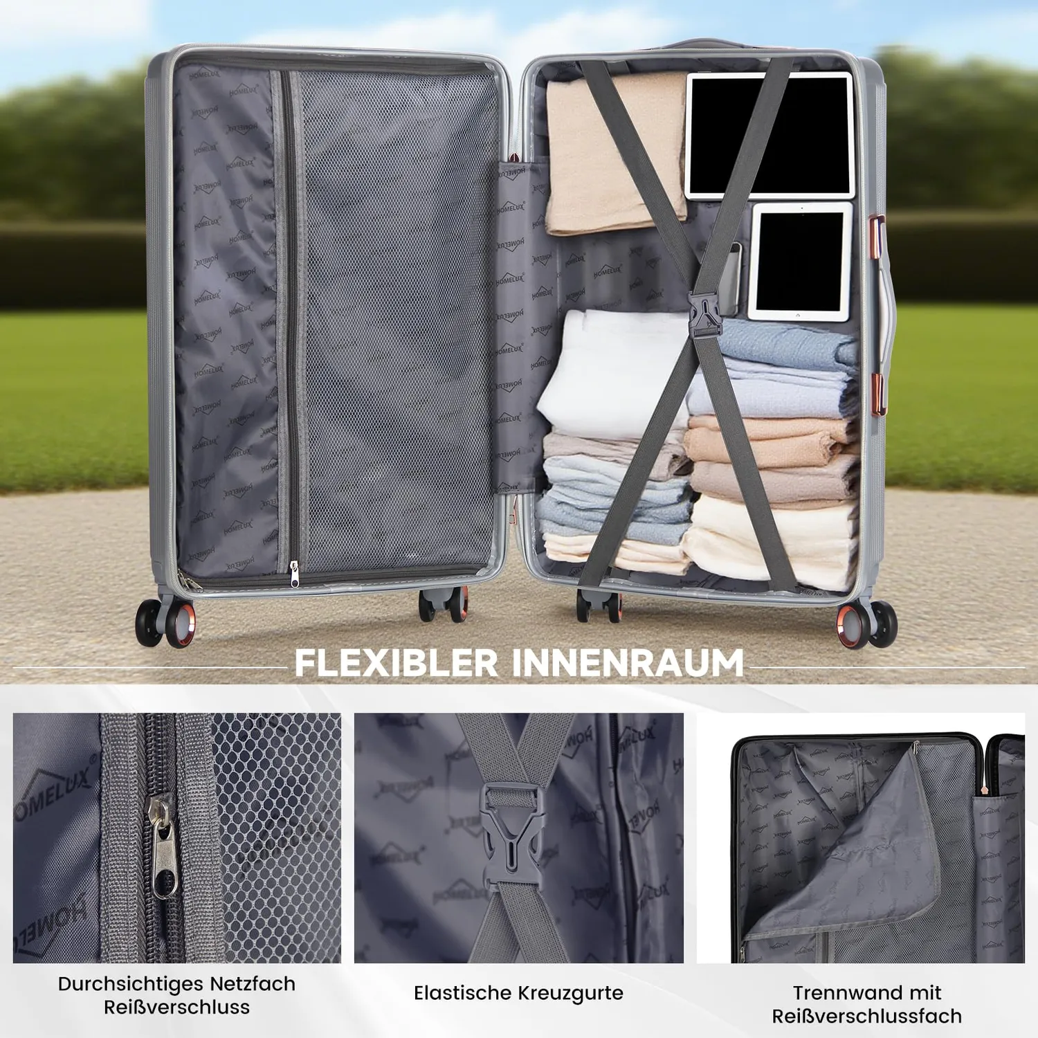 HOMELUX Kofferset 3-teilig Silber M-L-XL Hartschale