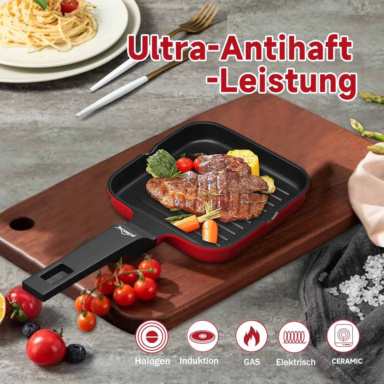 HOMELUX Grillpfanne 14cm Induktion Antihaft mit Ausguss