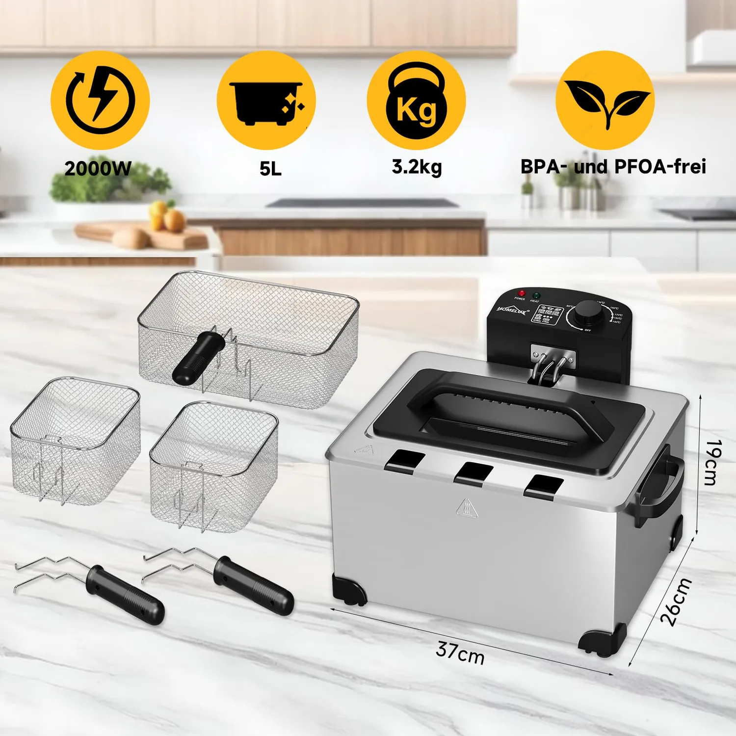 HOMELUX Friteuse 5 Liter 2000W Edelstahl 3 Körbe