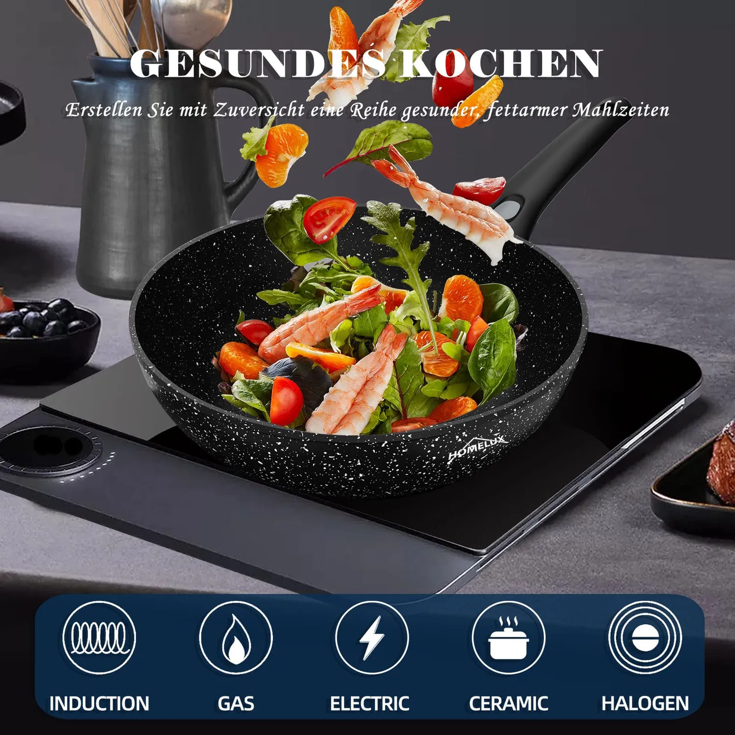 Homelux Wokpfanne 28 cm Induktion Deckel abnehmbar