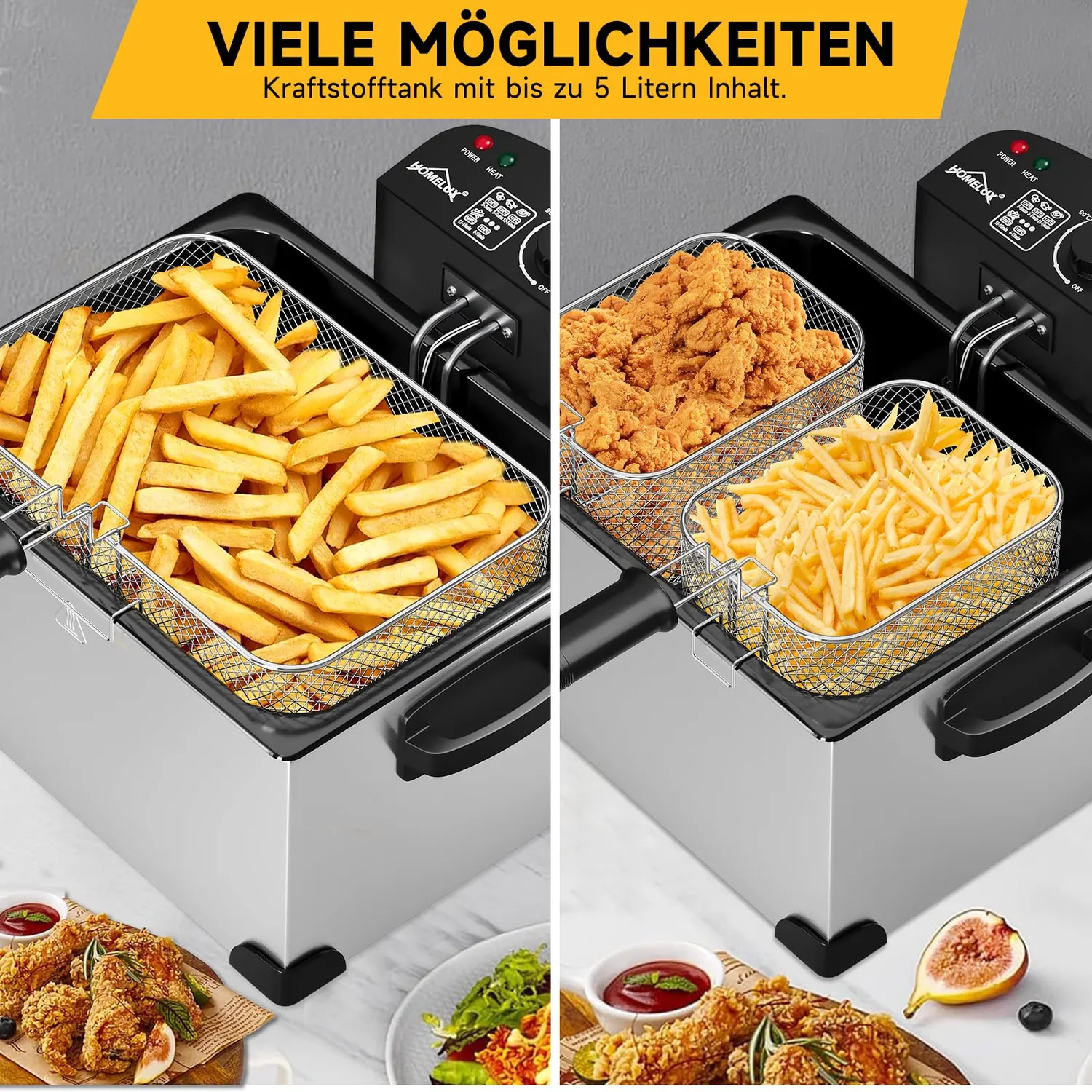 HOMELUX Friteuse 5 Liter 2000W Edelstahl 3 Körbe